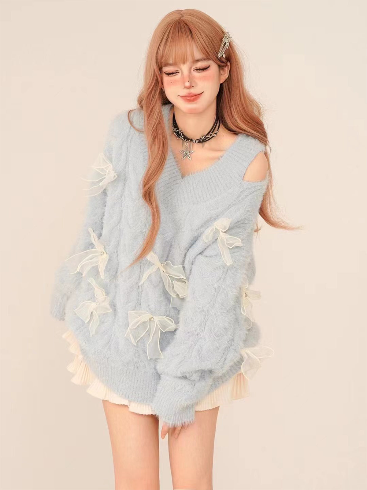 Soft Blue Off-Shoulder Bow Knit Sweater – Cozy V-Neck Winter Pullover