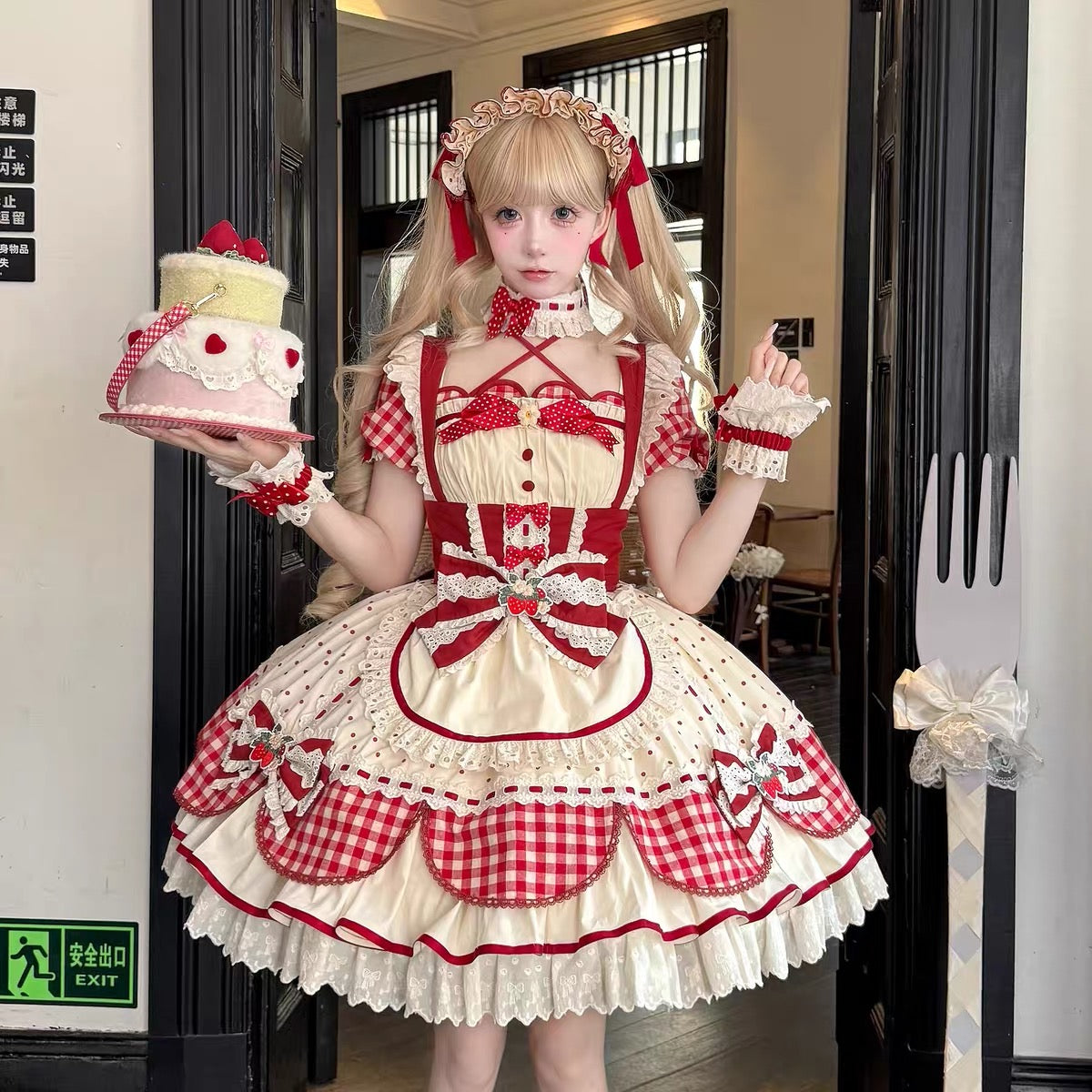 Strawberry Picnic Lolita OP – Red Gingham Sweet Berry Dress with Lace and Bows