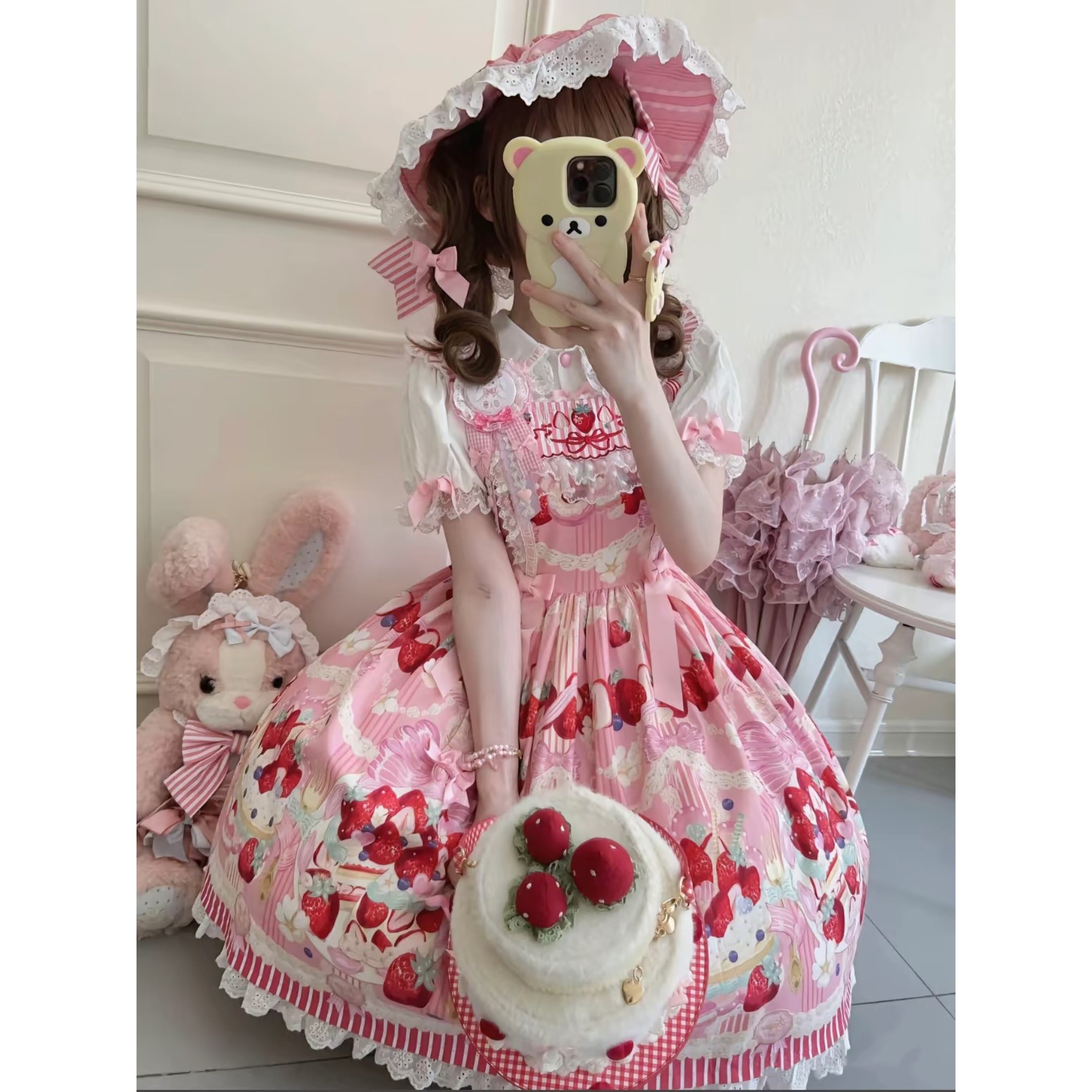 Lolita Strawberry Cake Print Pink JSK Dress | Cute Doll-Style Princess Sundress