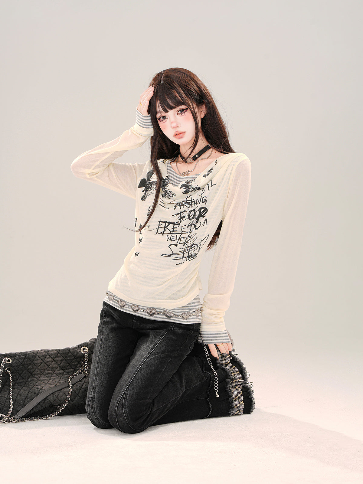 Layered Mesh Long Sleeve Tee – Y2K Slim Fit Double-Layer Top