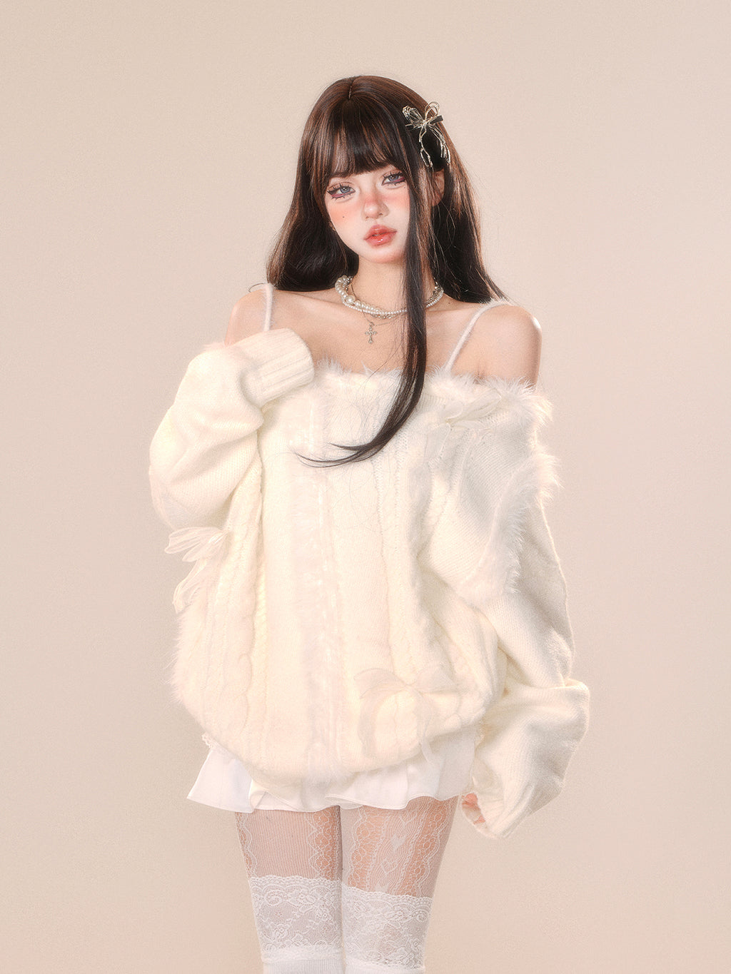 Cream Off-Shoulder Fuzzy Knit Sweater – Cozy Loose Fit Winter Pullover