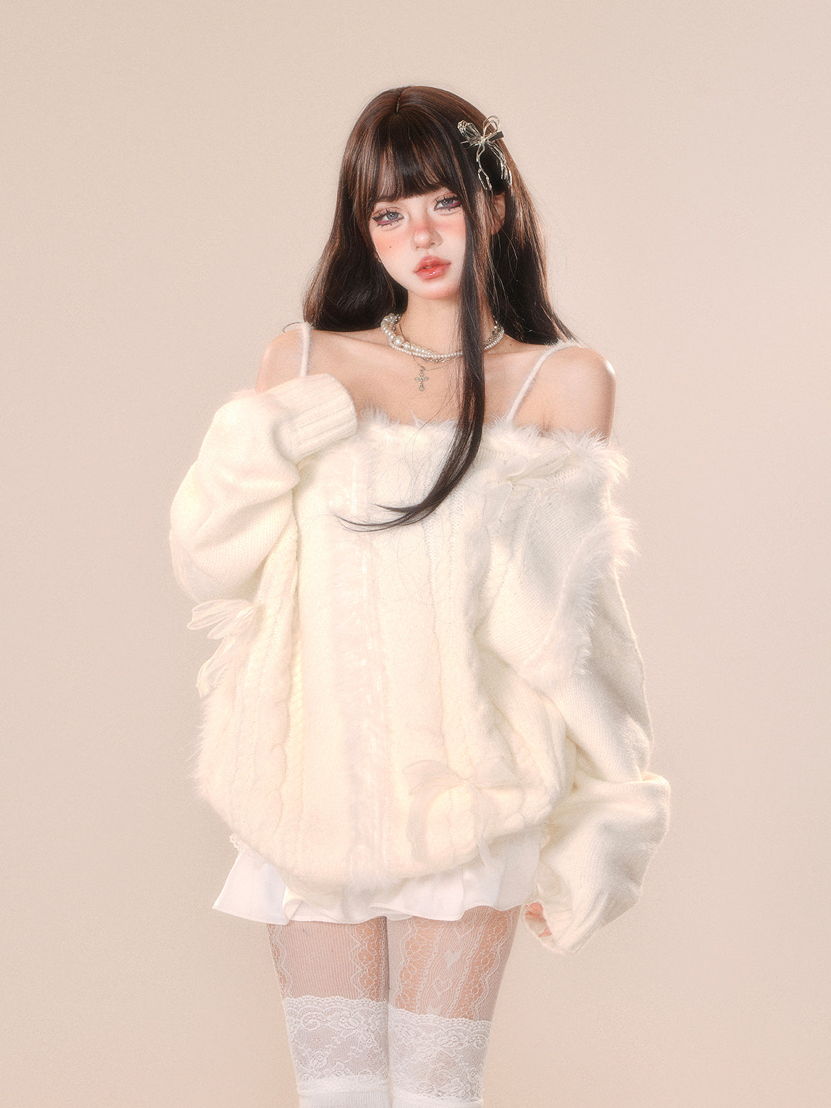 Cream Off-Shoulder Fuzzy Knit Sweater – Cozy Loose Fit Winter Pullover