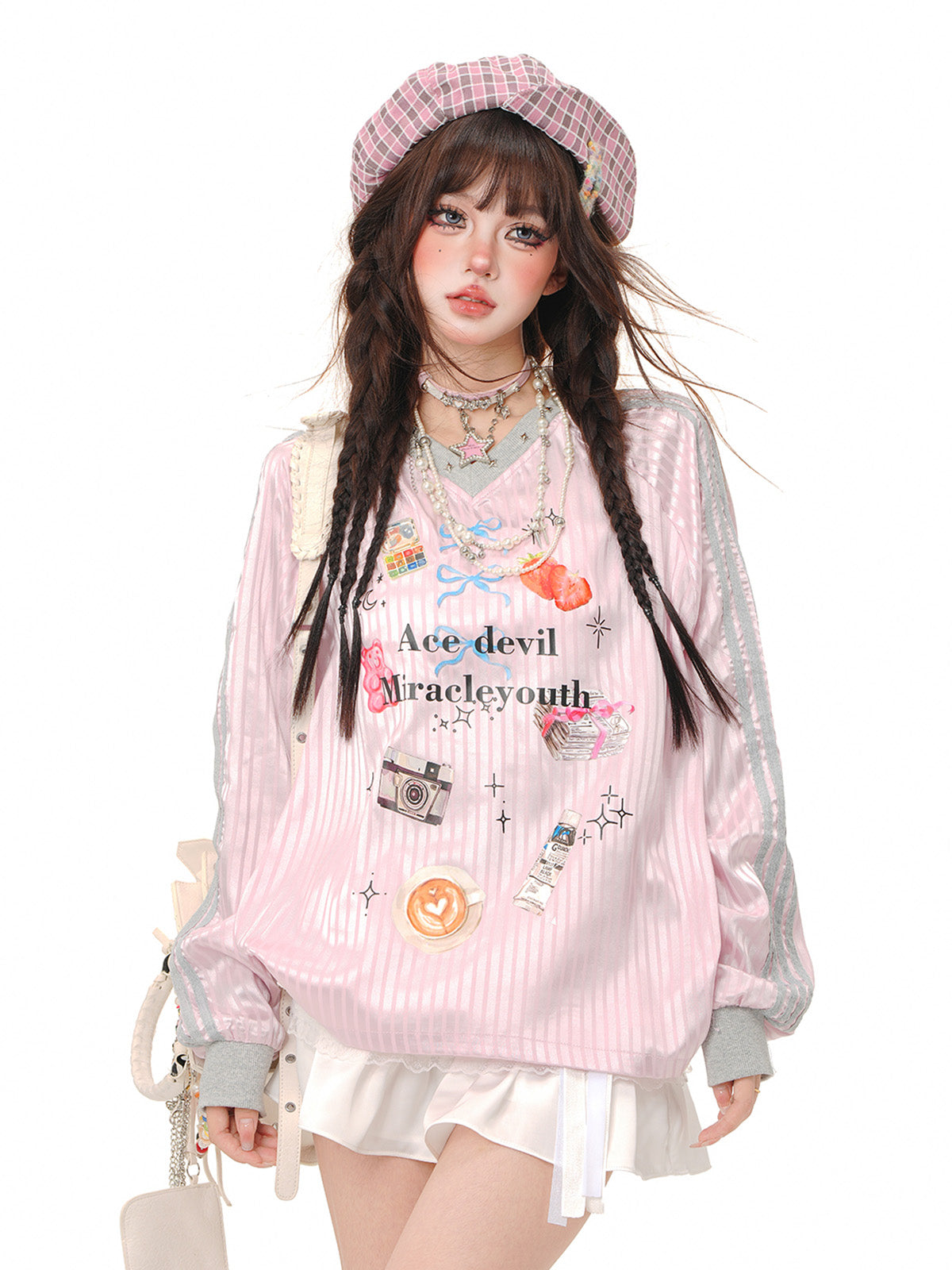 Kawaii Oversized Sweatshirt – Cute Pink Plaid Lazy Style Pullover