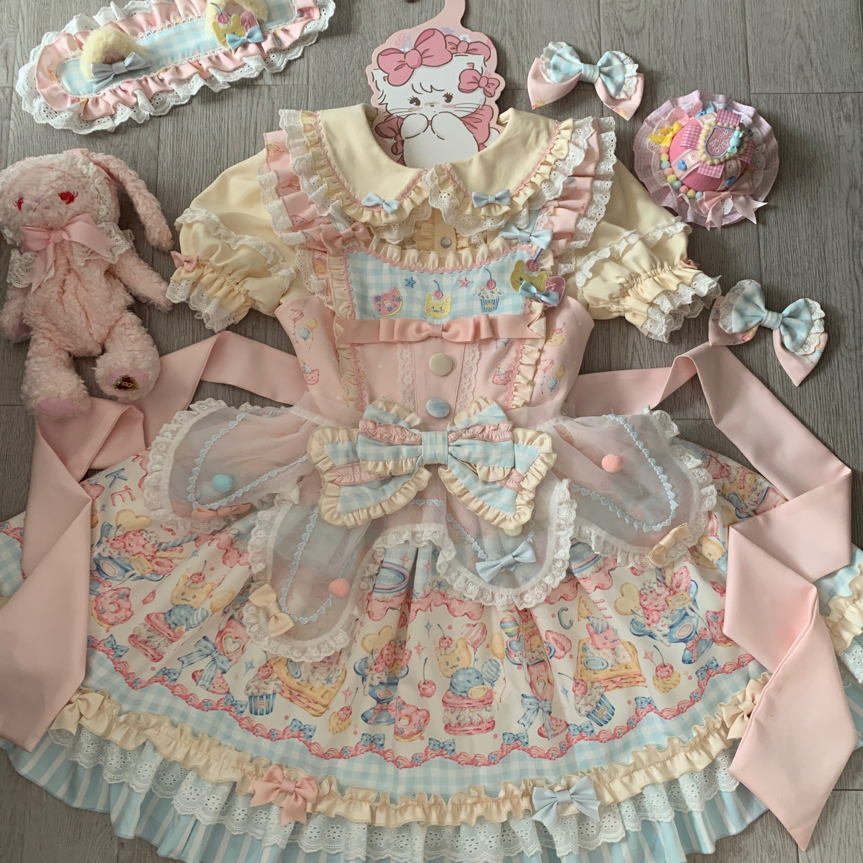 Sweet Macaron Kitty Lolita Dress – Pastel Cream JSK with Original Embroidery & Print