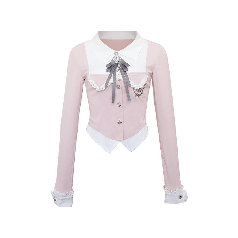 Subversive Kawaii Contrast-Collar Bow Shirt & Micro-Pleated Skirt Set — Clean Girl Prep