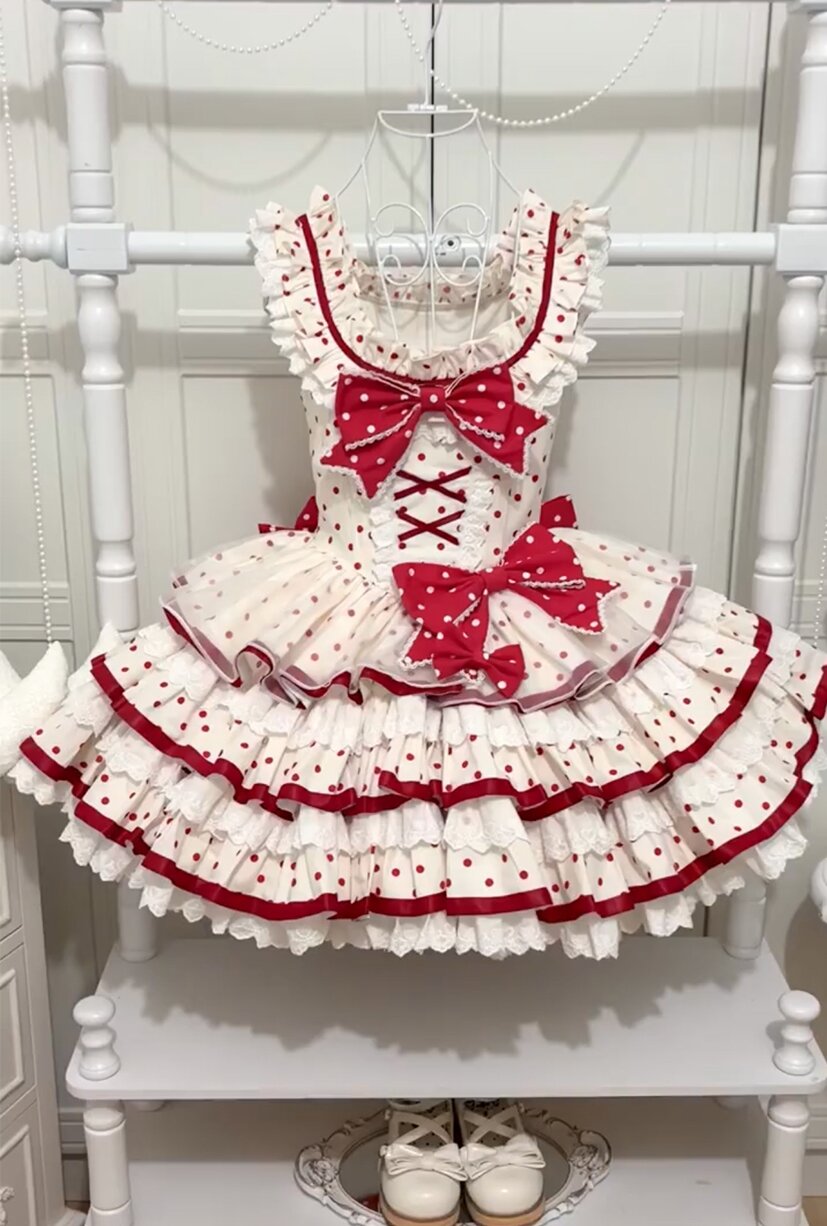 Sweet Polka Dot Lolita JSK – Red Bow Princess Dress with Ruffles and Lace