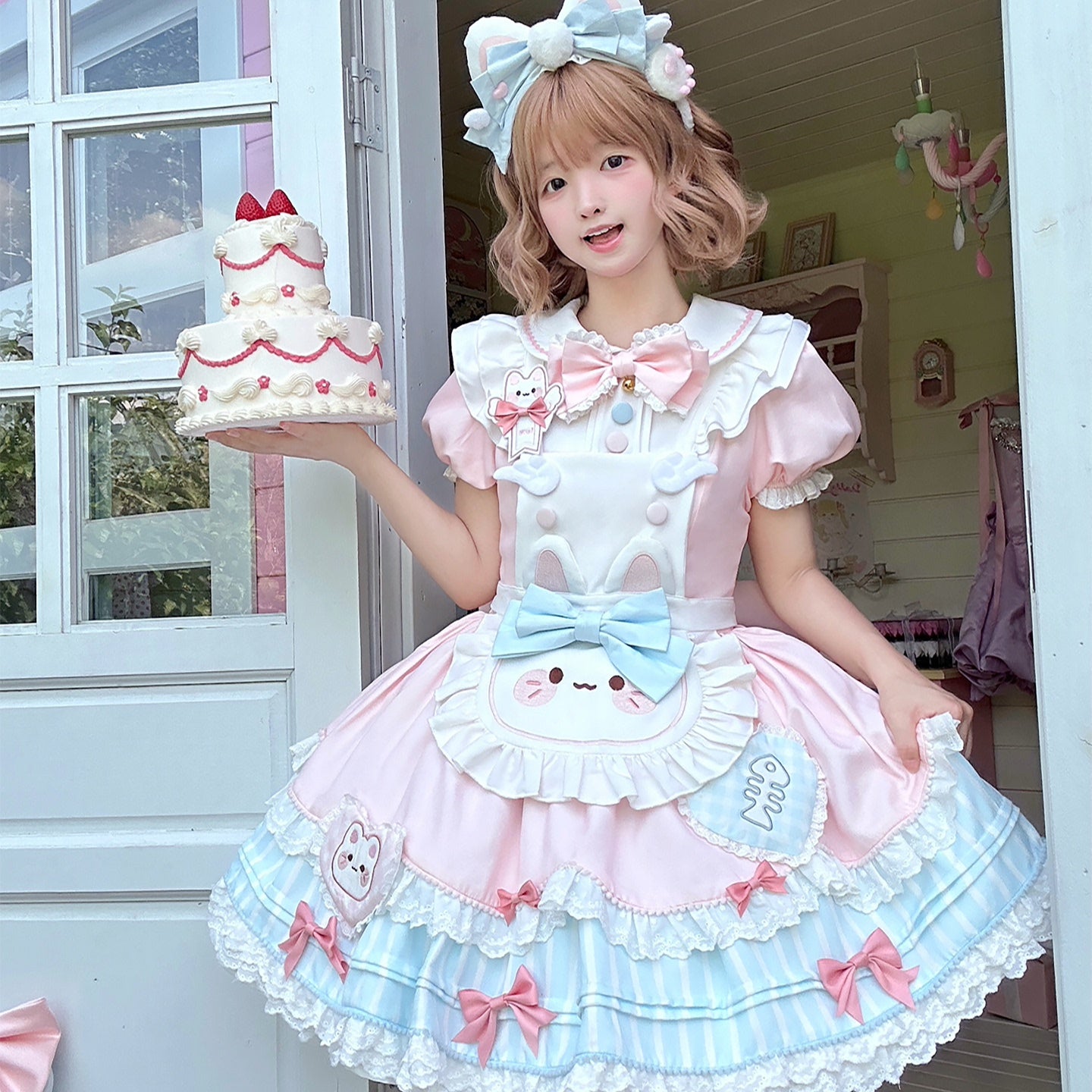 Sweet Pastel Lolita Dress – Kawaii Doll Collar OP with Bows and Ruffles