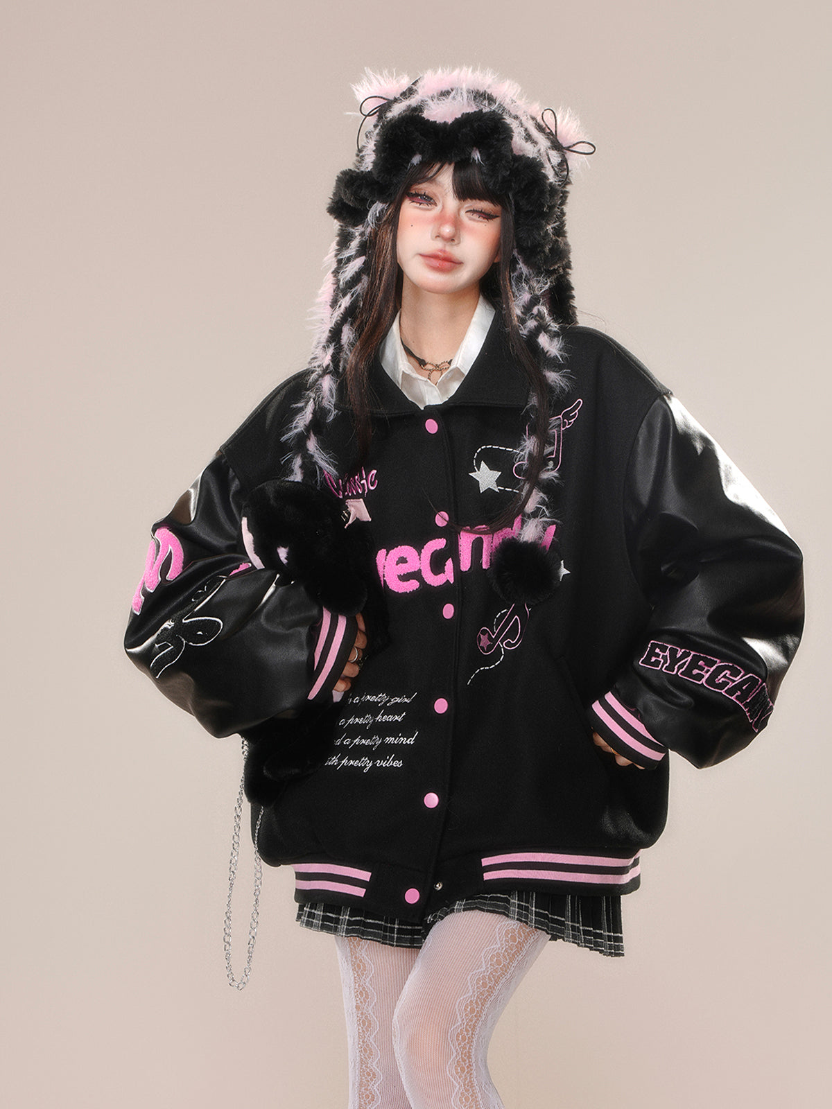 Kawaii Fuzzy Embroidered Varsity Jacket – Oversized Sweet-Punk Bomber for Fall/Winter