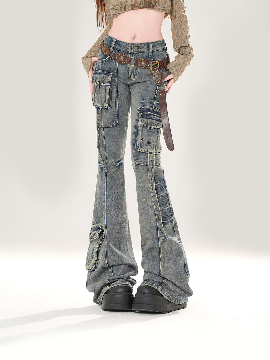 Y2K Slim Fit Cargo Jeans – High Waist Flare Denim Pants