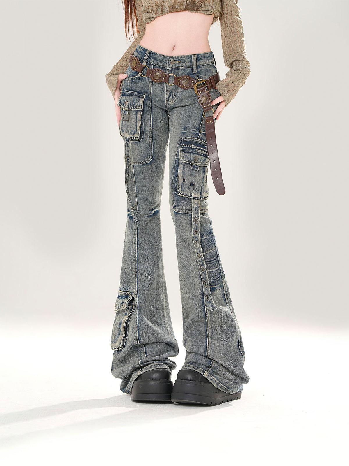Y2K Slim Fit Cargo Jeans – High Waist Flare Denim Pants