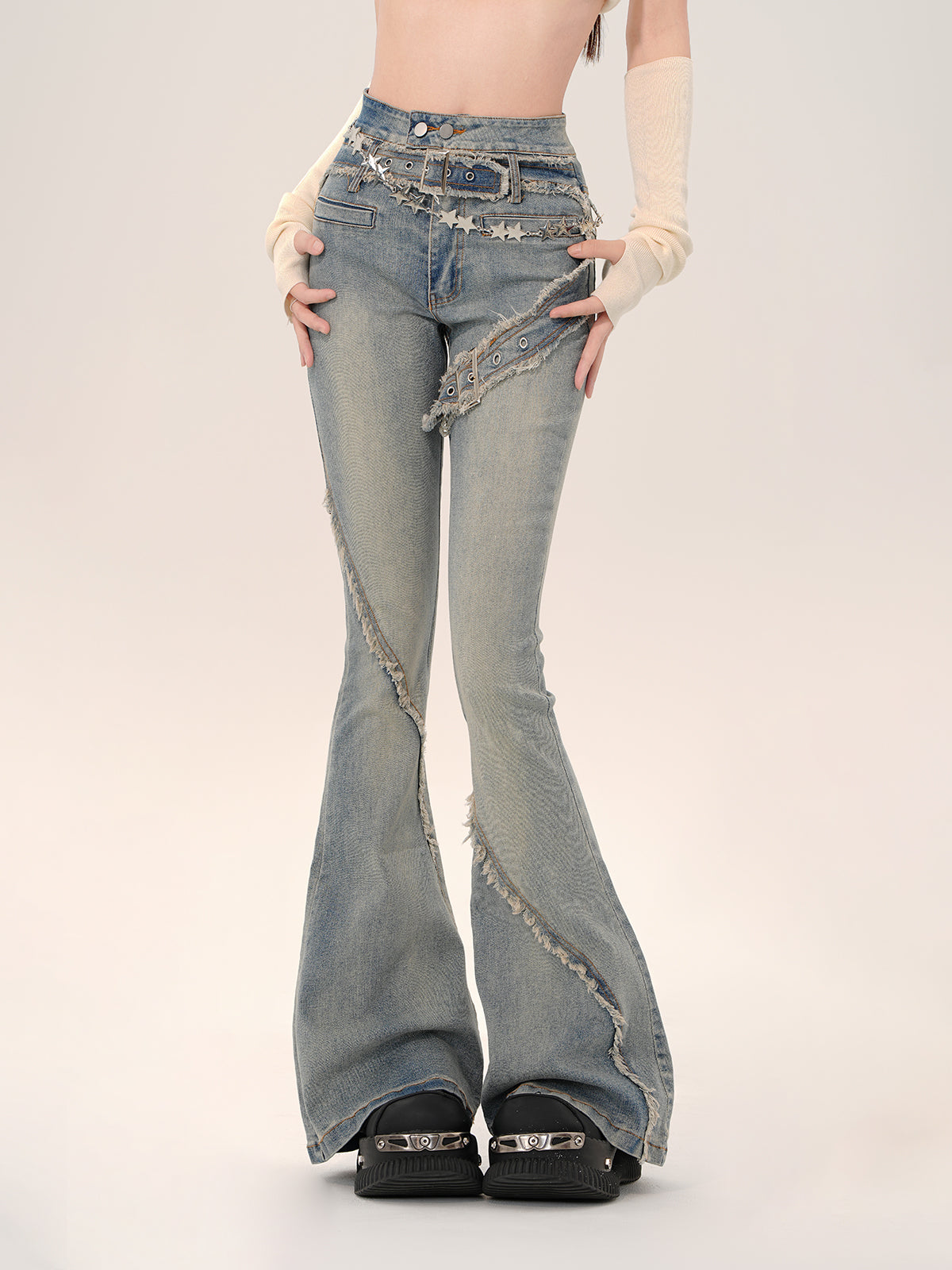 Y2K High Waist Flared Jeans – Vintage Raw Hem Slim Fit Denim Pants