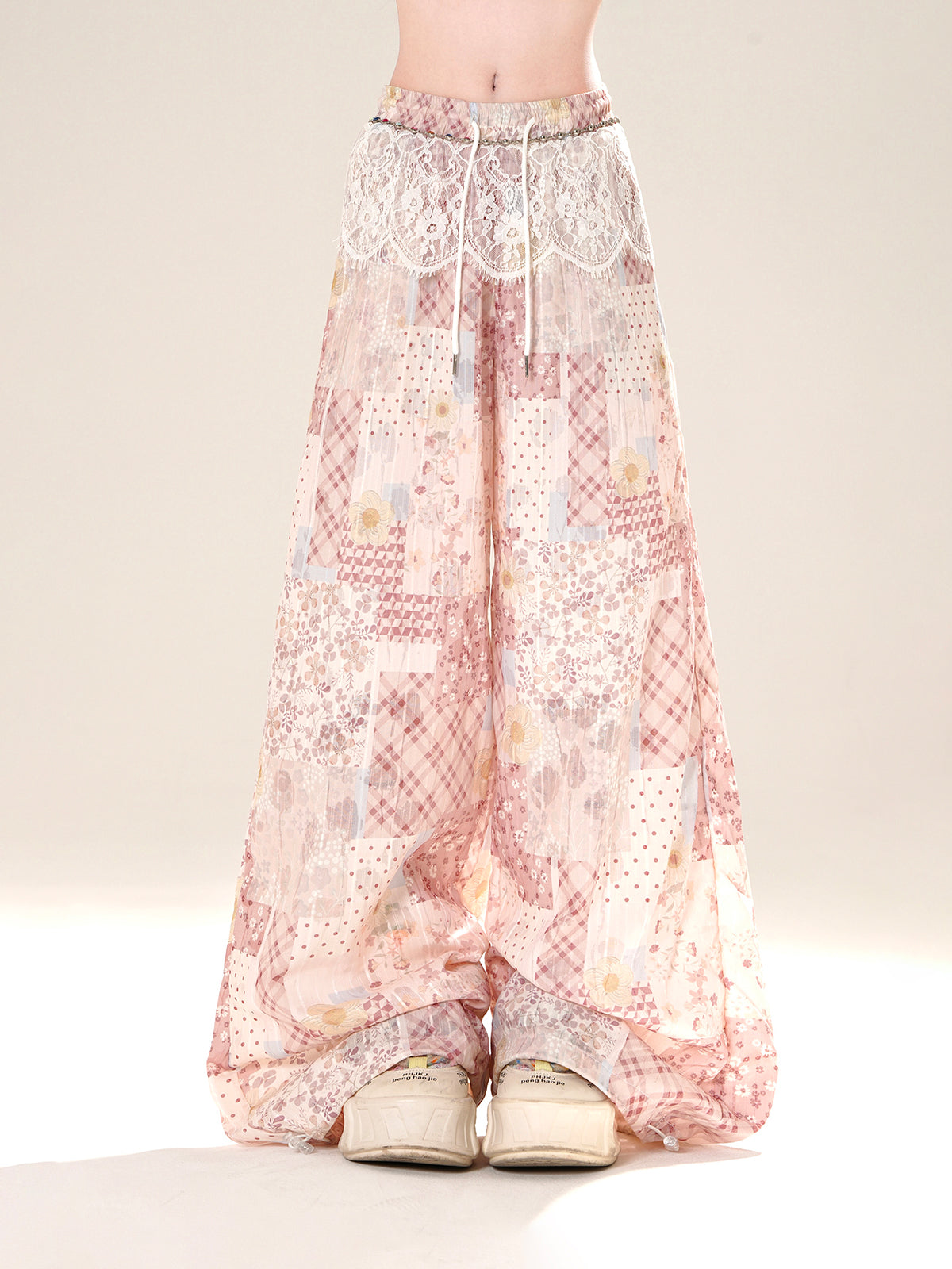 Pink Patchwork Chiffon Wide-Leg Pants – Loose Relaxed Fit with Lace Waist Detail