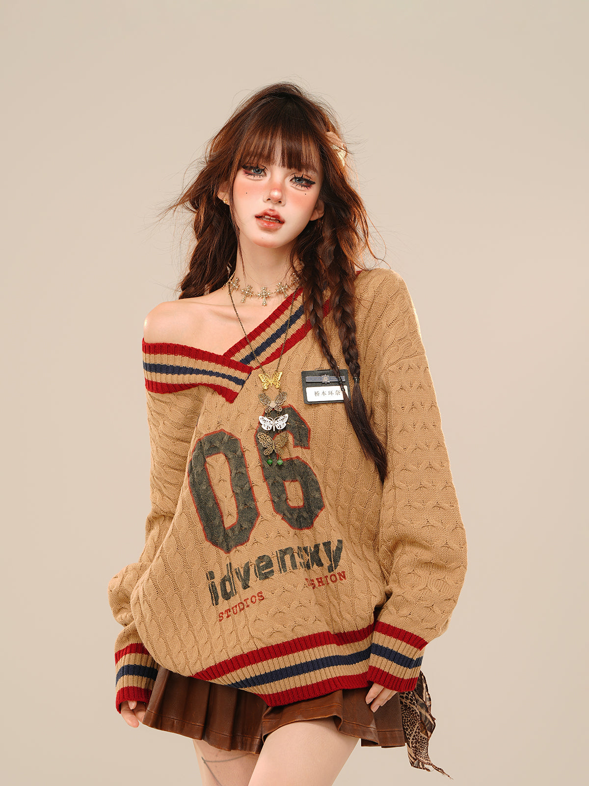 Kawaii Off-Shoulder Knit Sweater – Vintage Varsity Loose Cable V-Neck Pullover