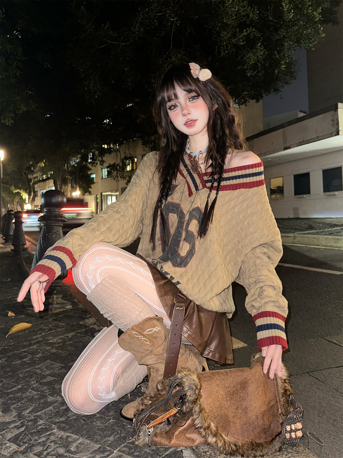 Kawaii Off-Shoulder Knit Sweater – Vintage Varsity Loose Cable V-Neck Pullover