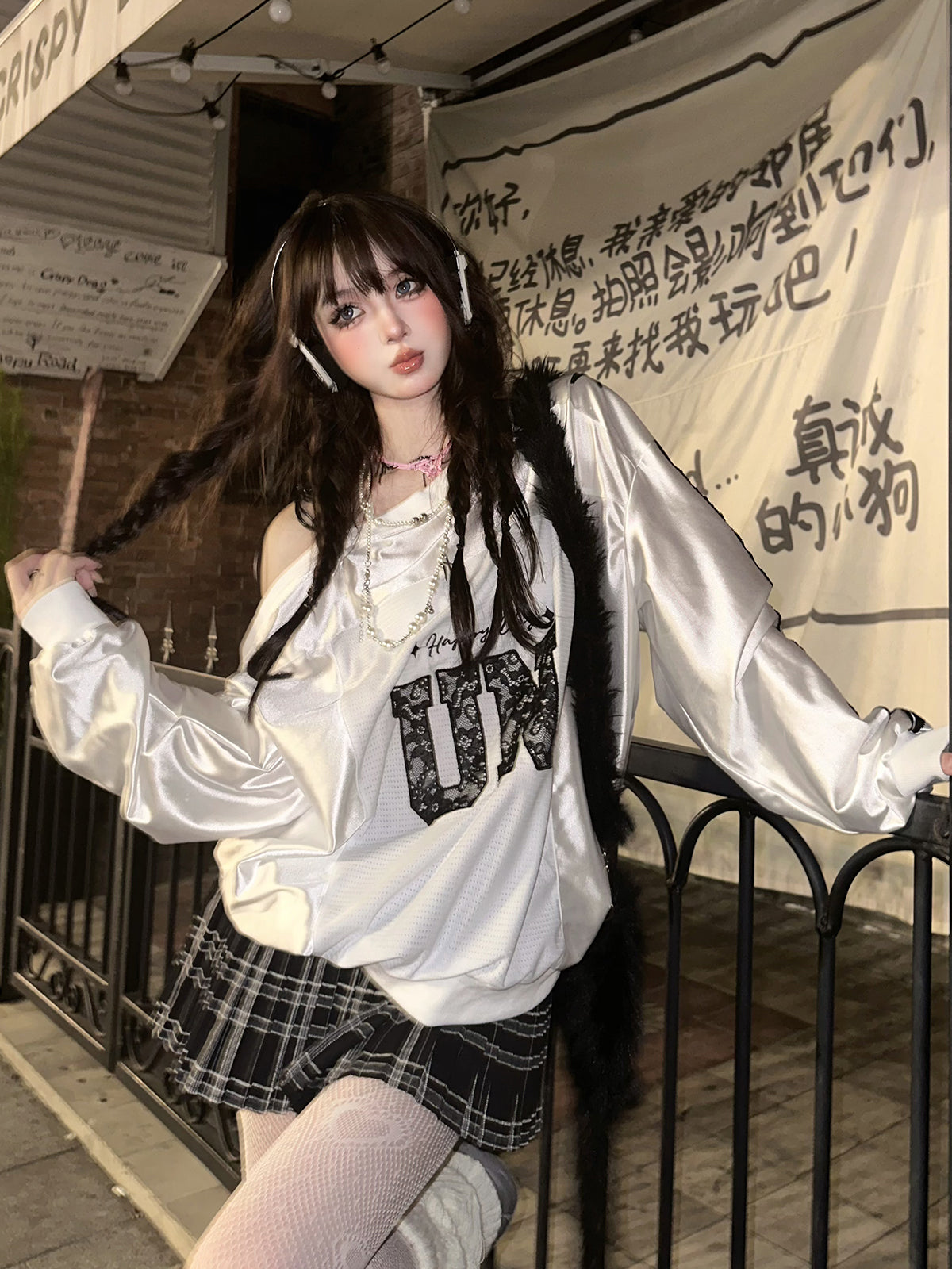 Harajuku Off-Shoulder Kawaii Top – Oversized Street Style Long Sleeve Cutse