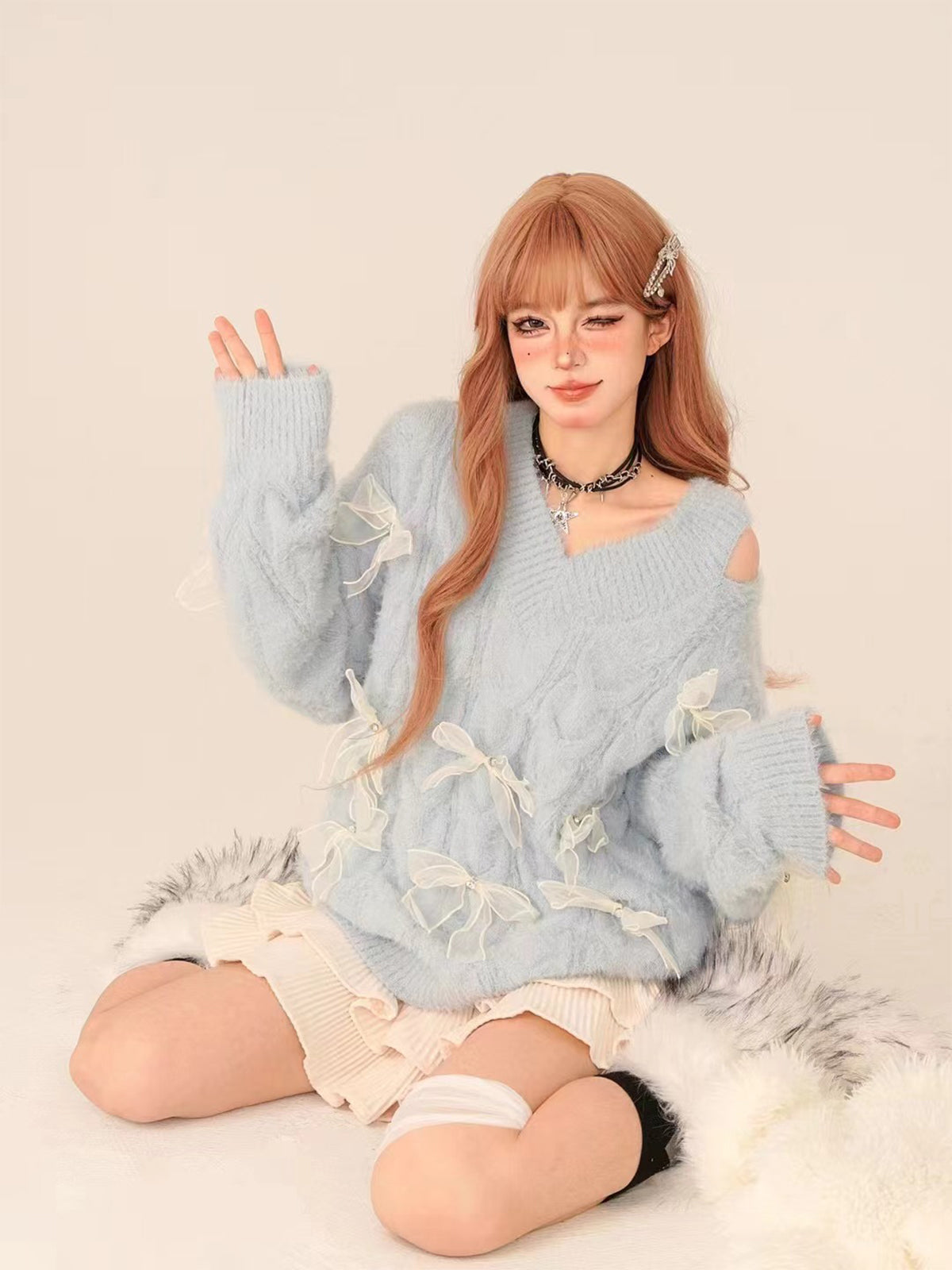 Soft Blue Off-Shoulder Bow Knit Sweater – Cozy V-Neck Winter Pullover