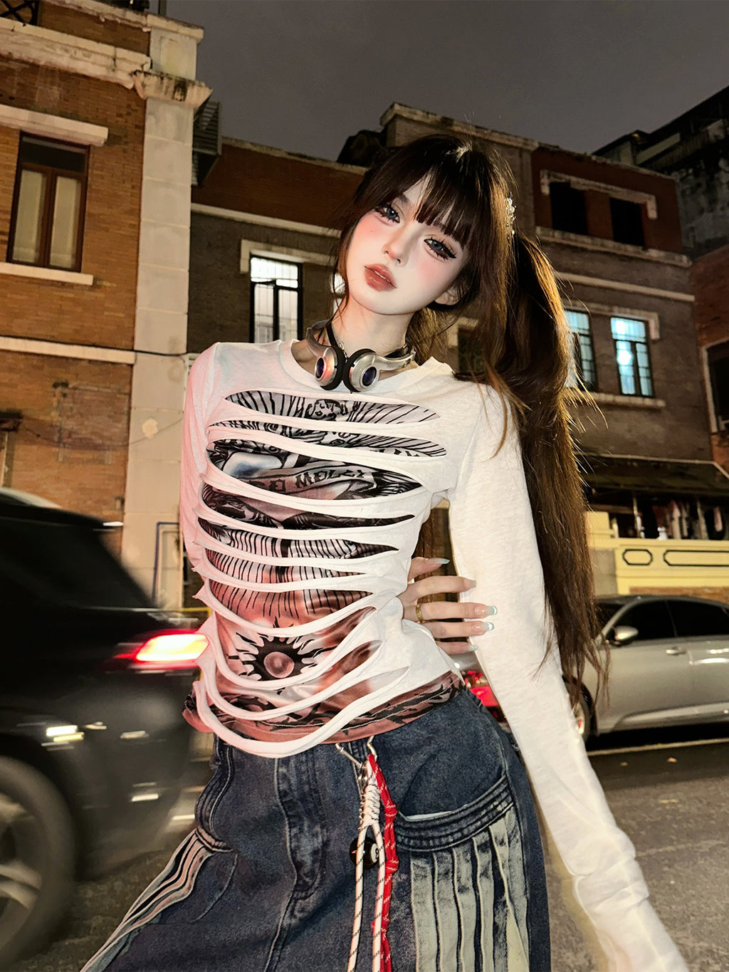 Punk Cutout Graphic Top – Y2K Slim Fit Street Club Tee