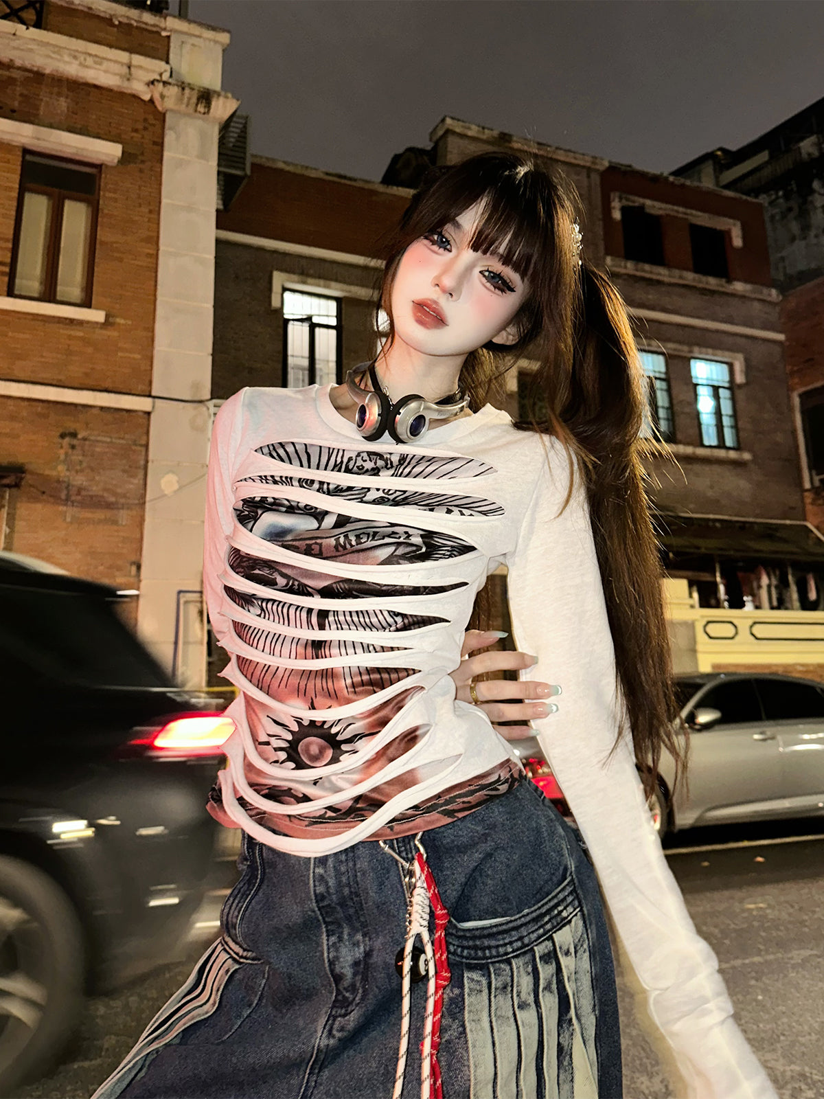 Punk Cutout Graphic Top – Y2K Slim Fit Street Club Tee
