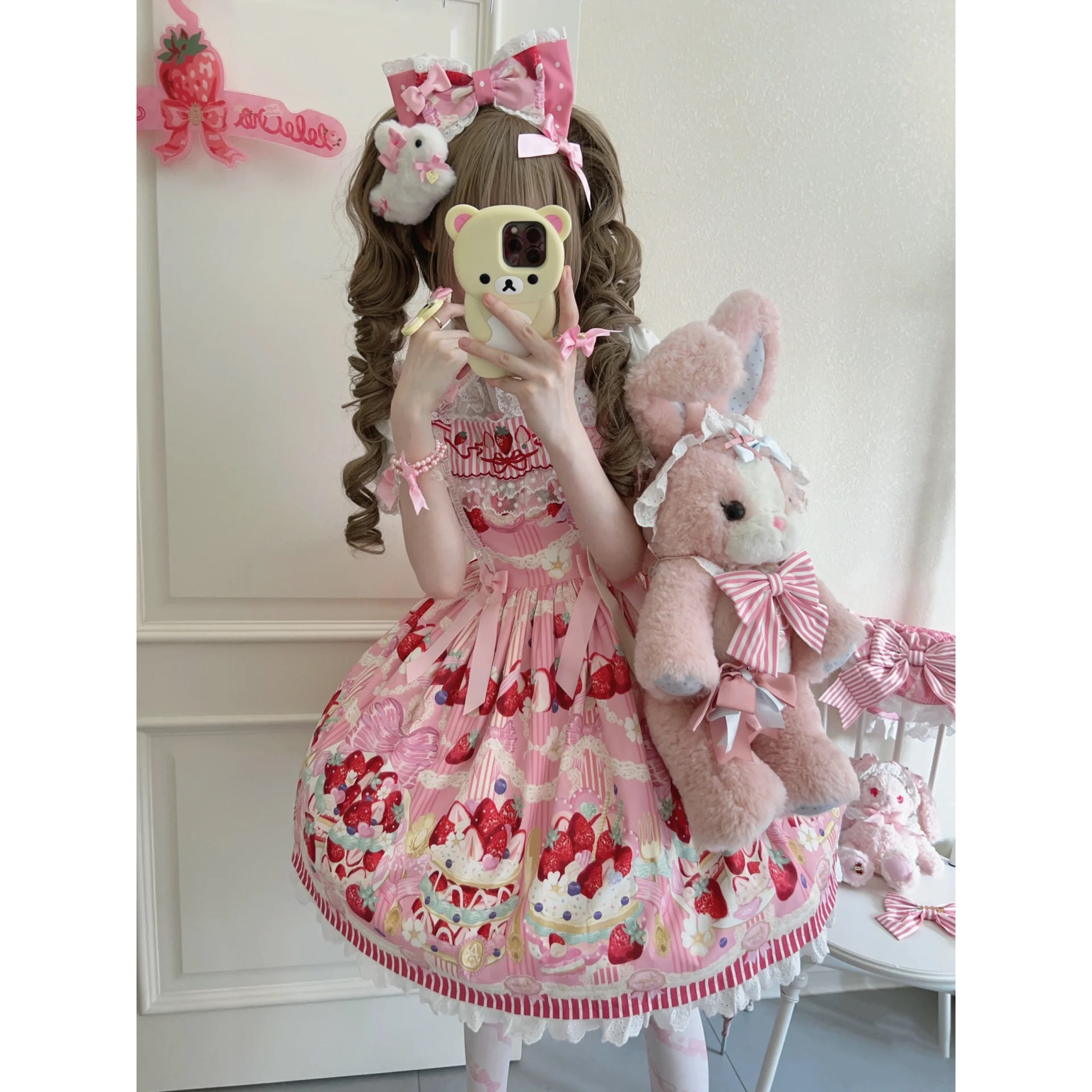 Lolita Strawberry Cake Print Pink JSK Dress | Cute Doll-Style Princess Sundress