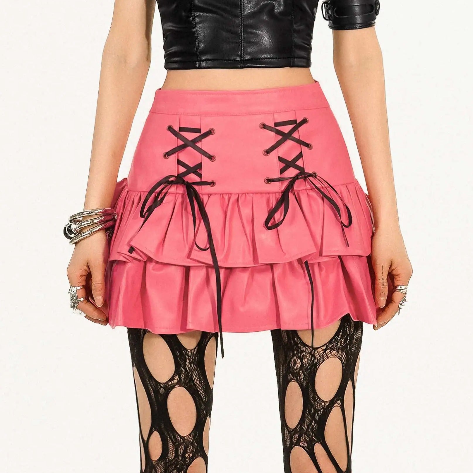 Y2K Grunge Coquette Mini Skirt — Lace-Up Layered Ruffle Skirt | Punk Aesthetic Femcore Fashion