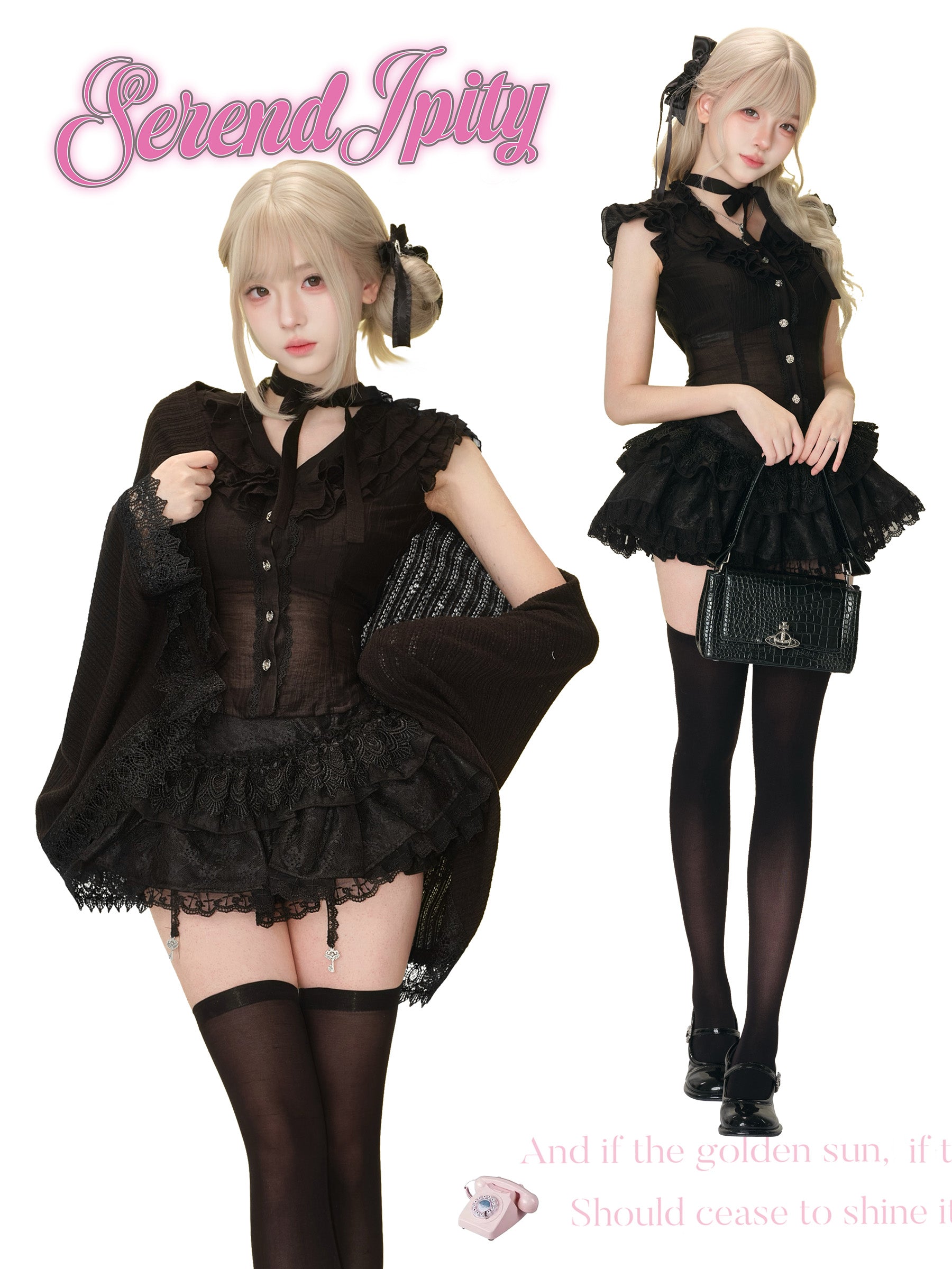 Kawaii Black Lace Ruffle Mini Dress – Sweet Gothic Lolita with Cape & Bow Accents
