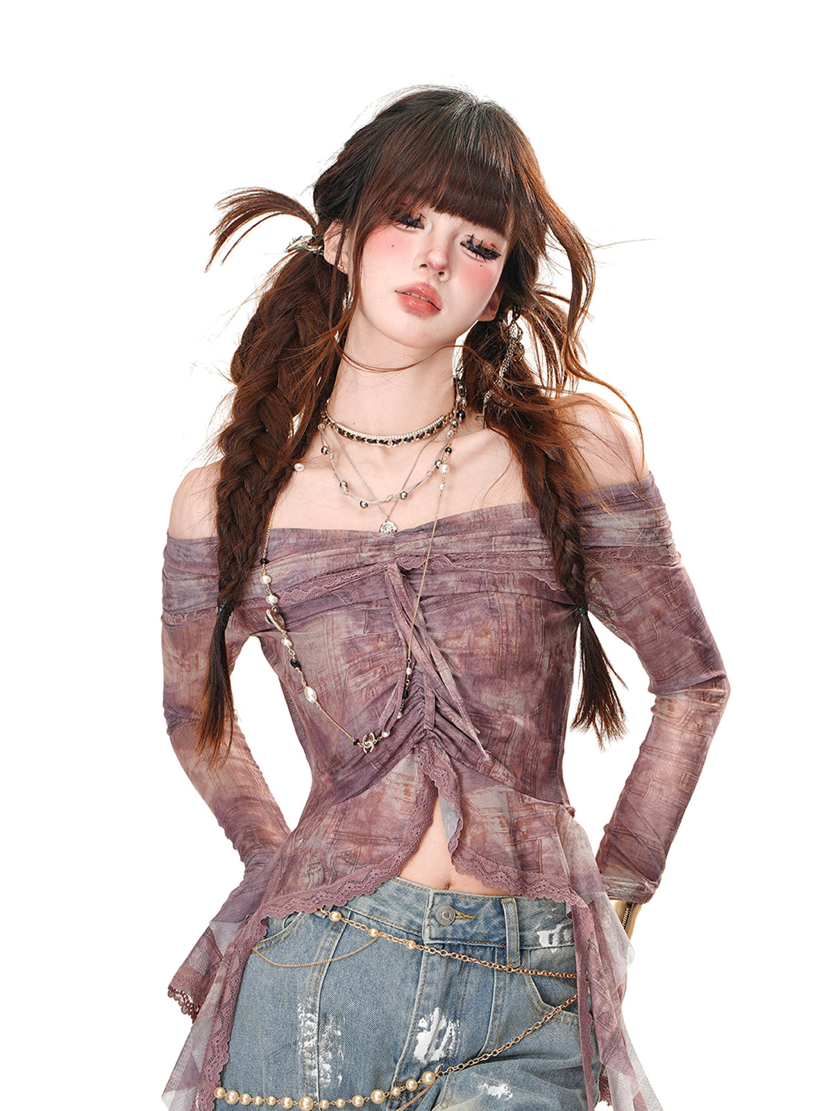Off-Shoulder Lace Long Sleeve Top – Slim Fit Cropped Y2K Tee