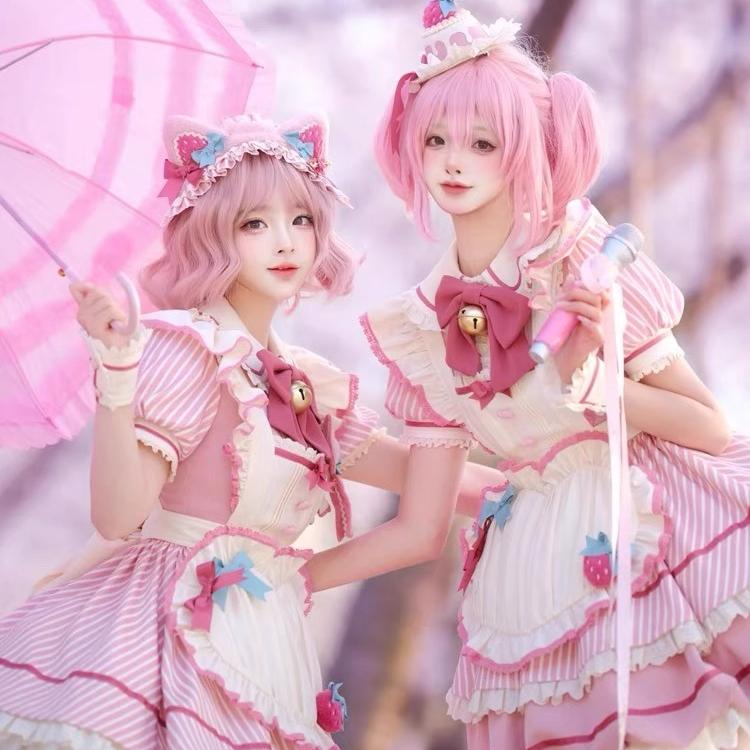 Sweet Strawberry Lolita Dress – Pink Puff Sleeve OP with Apron Bow Design