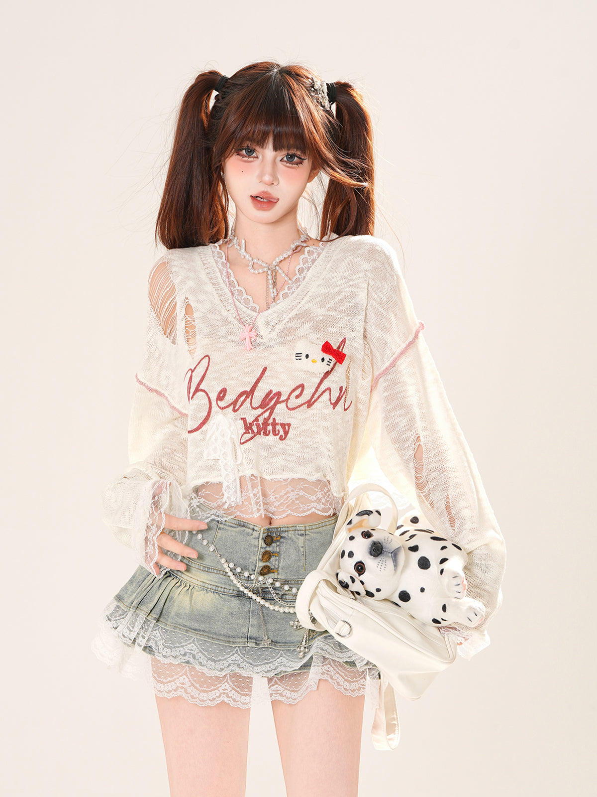 Kawaii Lace Sheer Crop Top – Soft Girl See-Through Long Sleeve Tee