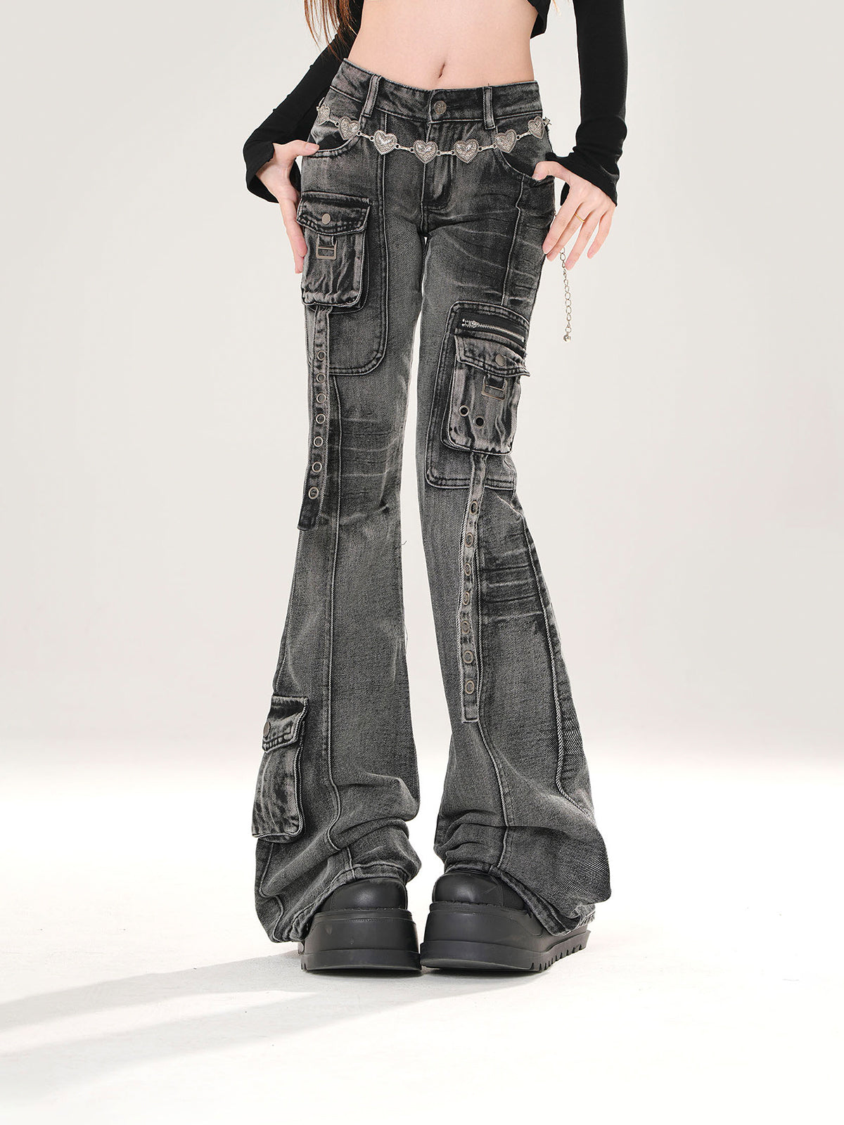 Y2K Slim Fit Cargo Jeans – High Waist Flare Denim Pants