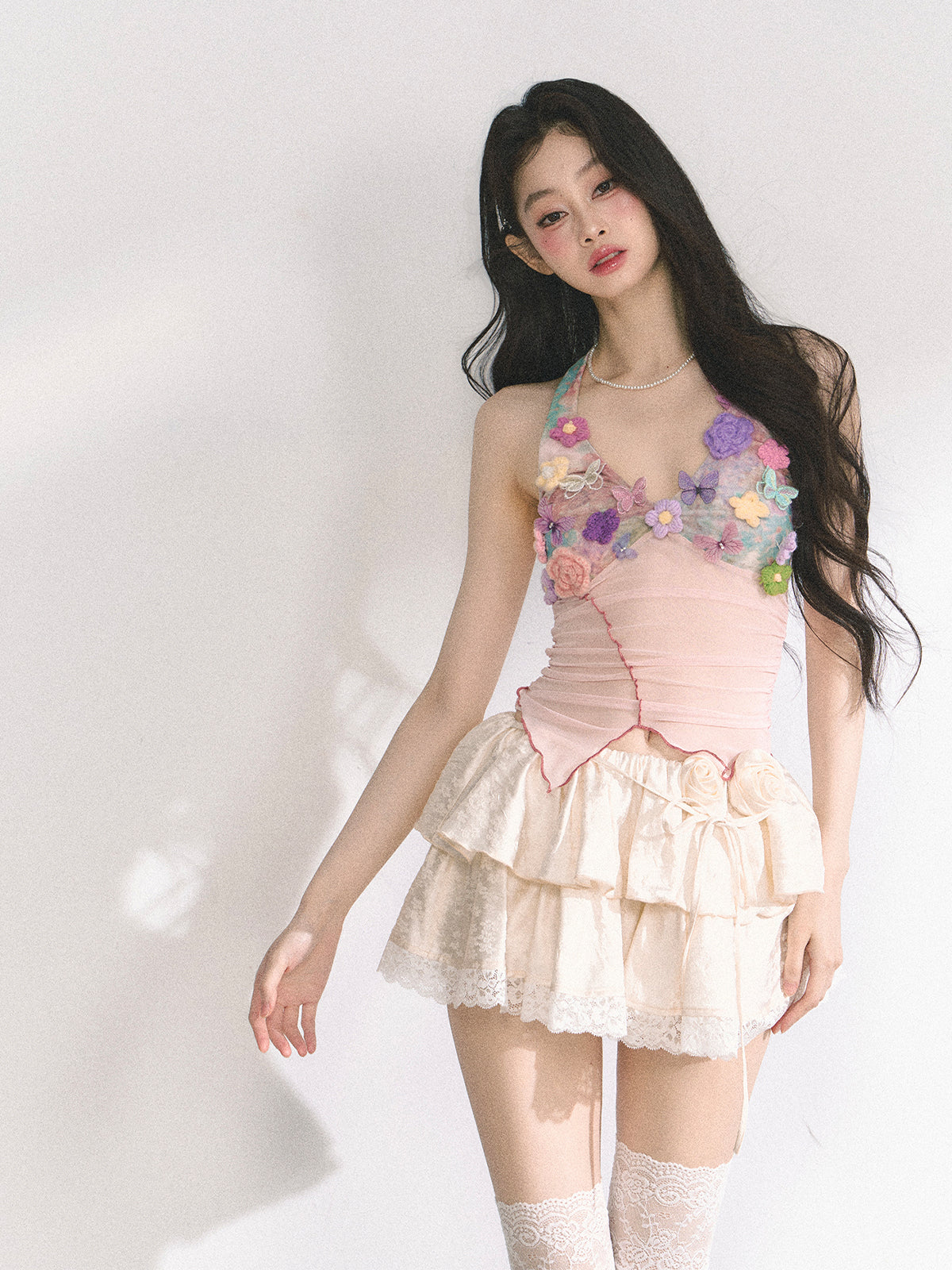 Floral Mesh Halter Crop Top – Sexy Slim Fit Ruched Design