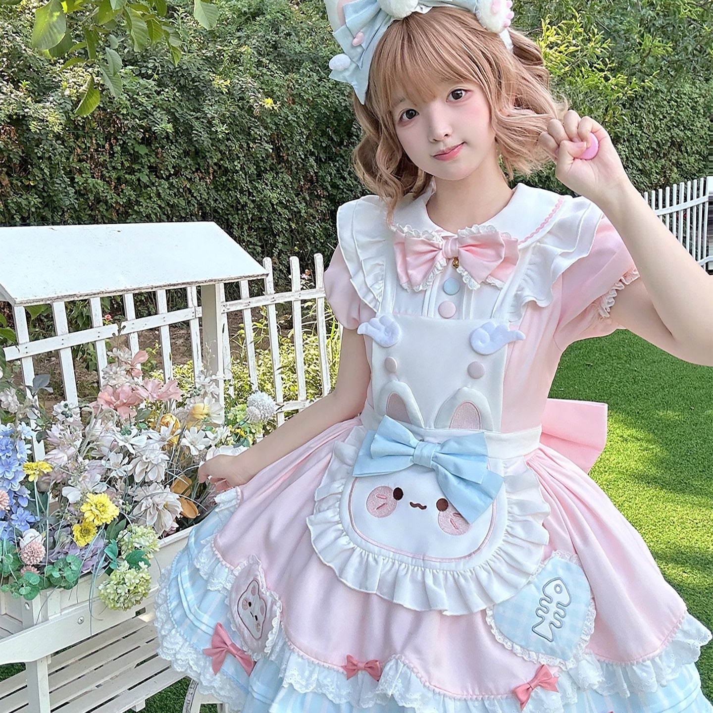 Sweet Pastel Lolita Dress – Kawaii Doll Collar OP with Bows and Ruffles