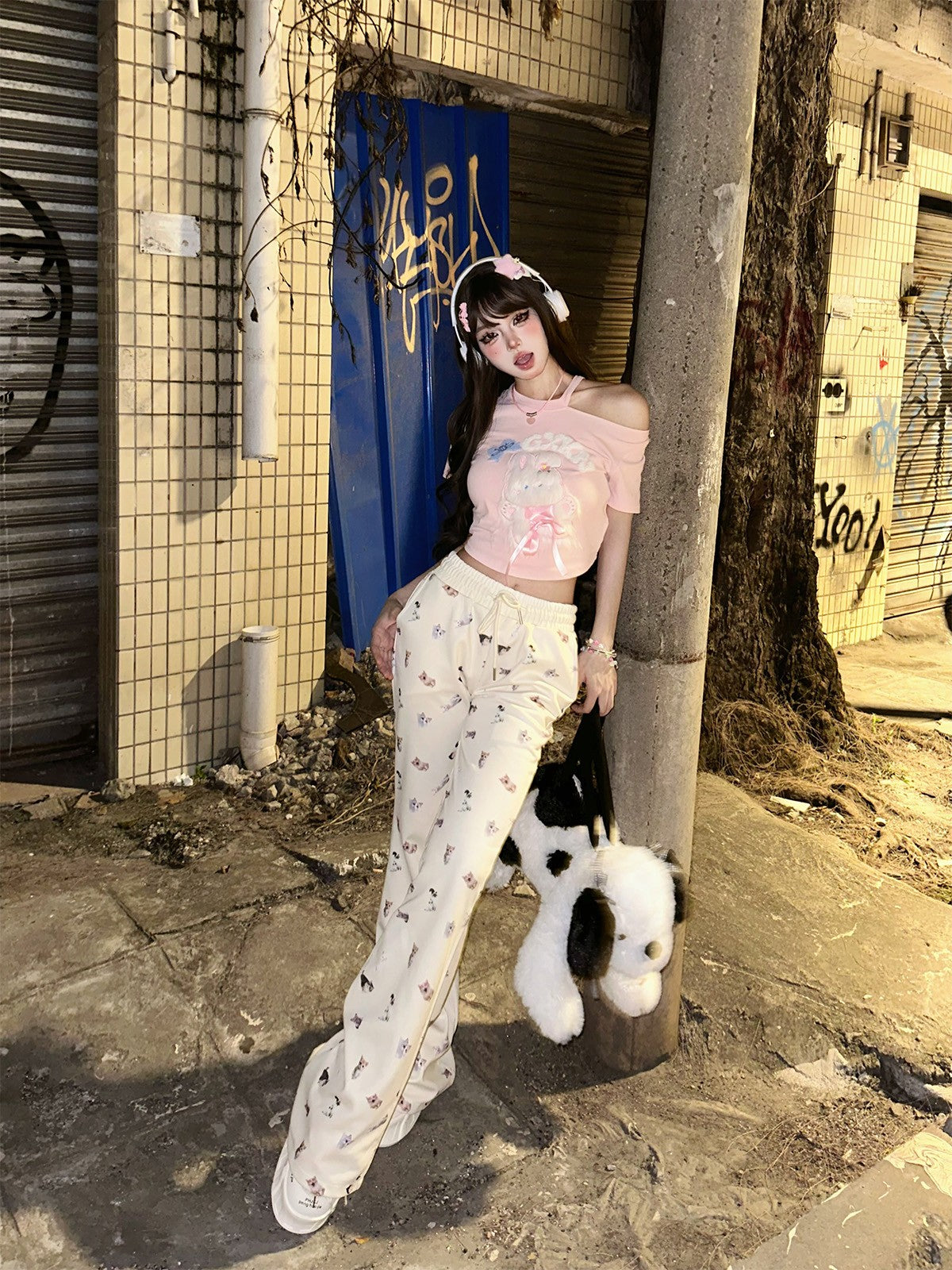 Kawaii Cat Print Flared Lounge Pants – Slim Fit Drawstring Waist Casual Long Pants