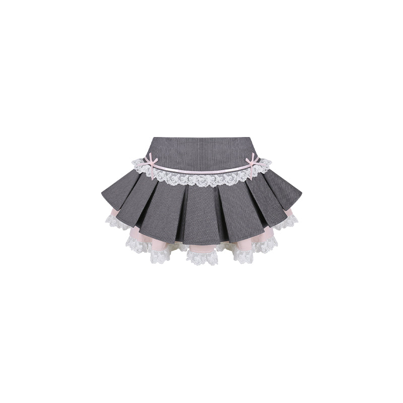 Subversive Kawaii Contrast-Collar Bow Shirt & Micro-Pleated Skirt Set — Clean Girl Prep