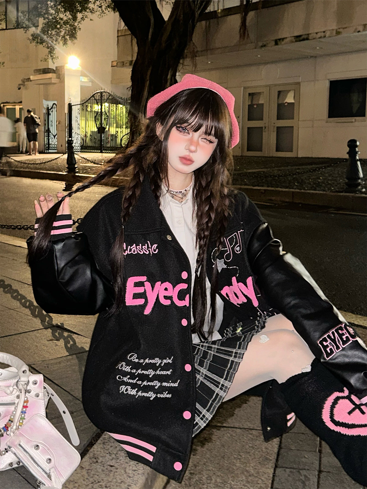 Kawaii Fuzzy Embroidered Varsity Jacket – Oversized Sweet-Punk Bomber for Fall/Winter