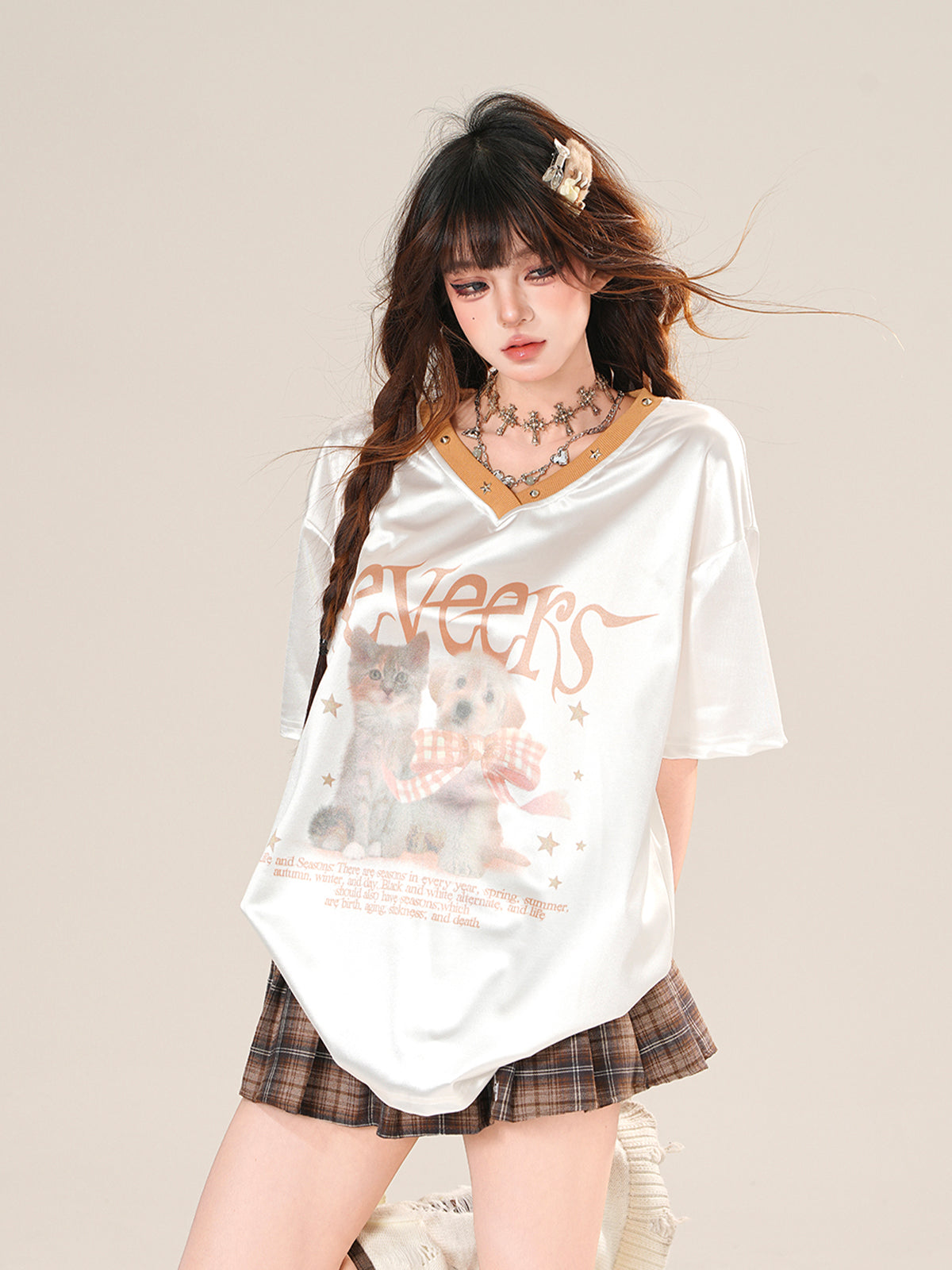 Sweet Satin Cat Print T-Shirt – Loose V-Neck Short Sleeve Top