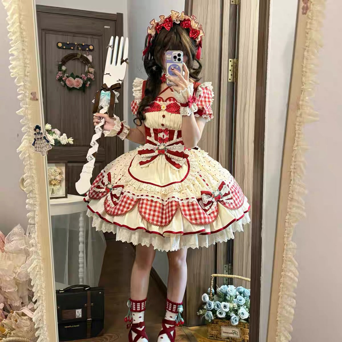 Strawberry Picnic Lolita OP – Red Gingham Sweet Berry Dress with Lace and Bows