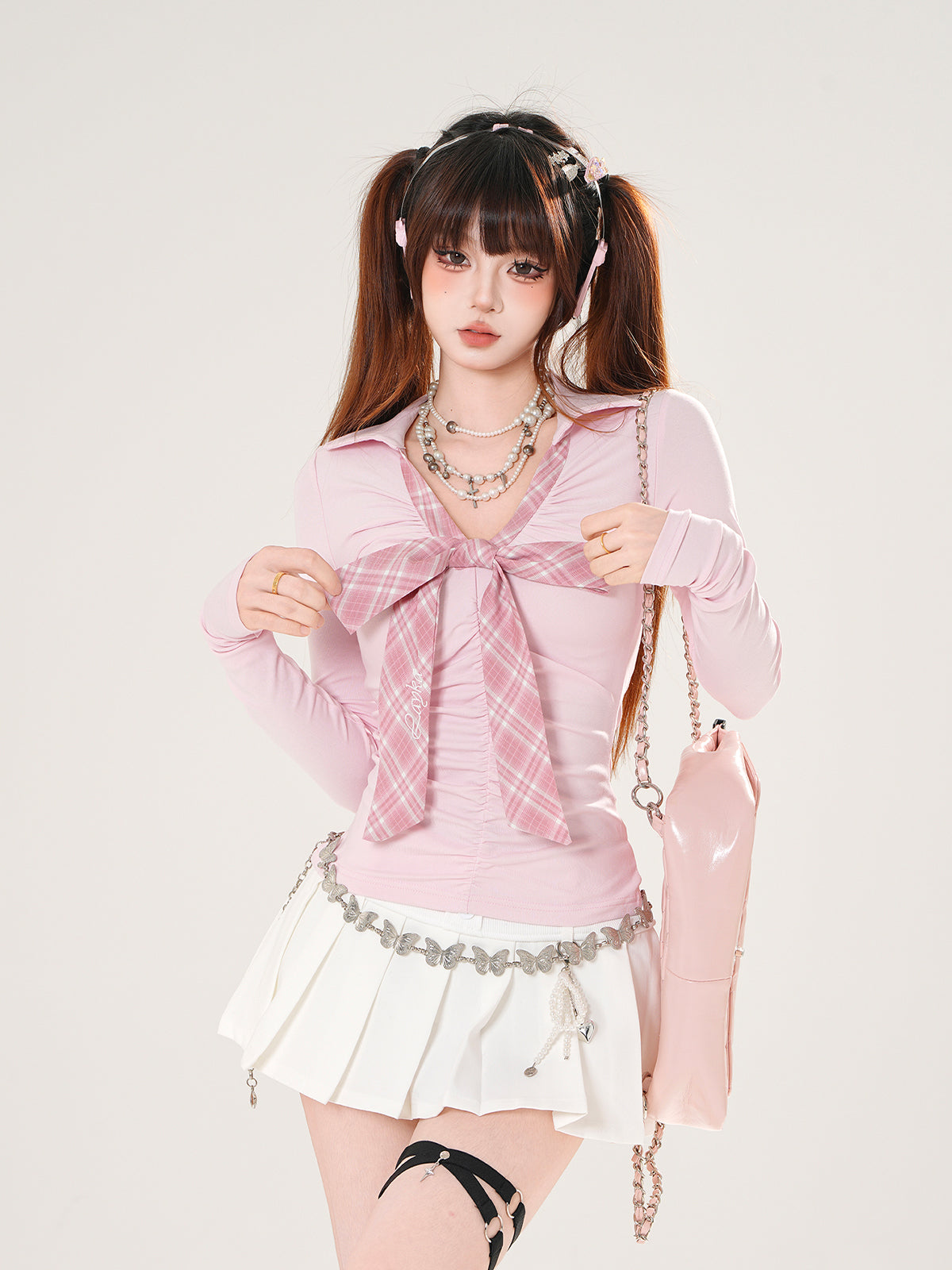 Plaid Bow V-Neck Long Sleeve Top – Slim Fit Preppy Y2K Tee