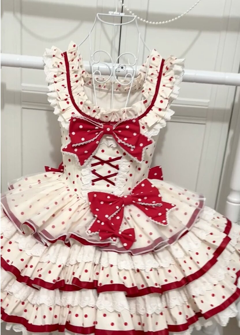 Sweet Polka Dot Lolita JSK – Red Bow Princess Dress with Ruffles and Lace