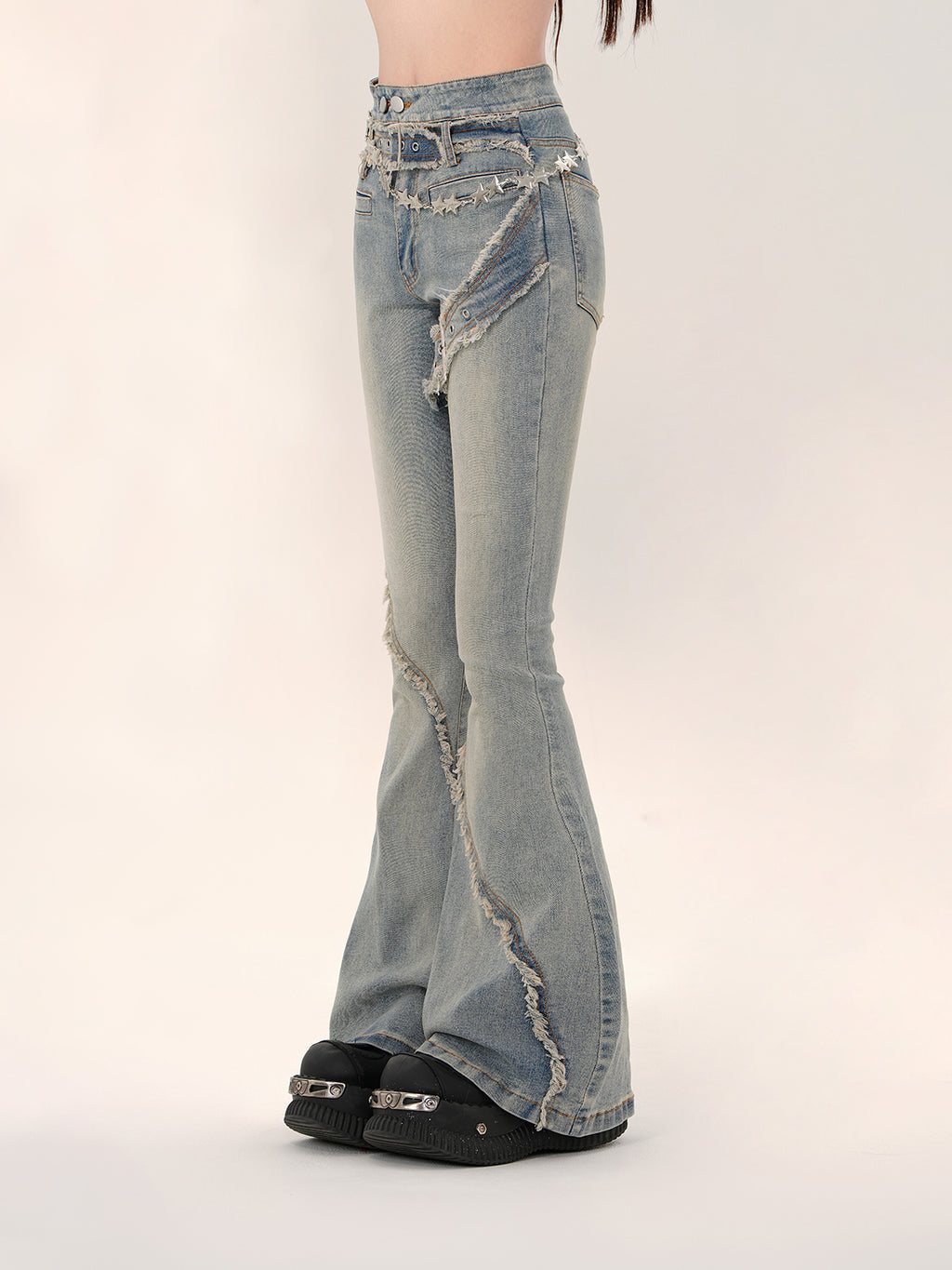 Y2K High Waist Flared Jeans – Vintage Raw Hem Slim Fit Denim Pants