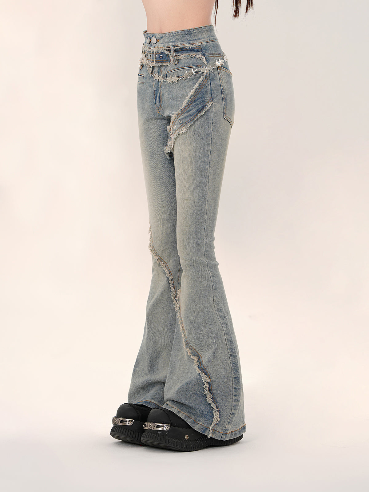 Y2K High Waist Flared Jeans – Vintage Raw Hem Slim Fit Denim Pants