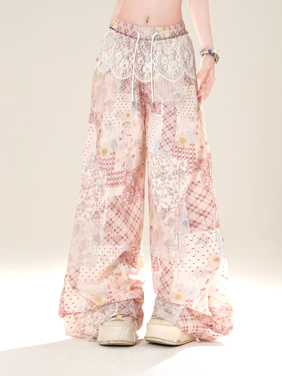 Pink Patchwork Chiffon Wide-Leg Pants – Loose Relaxed Fit with Lace Waist Detail