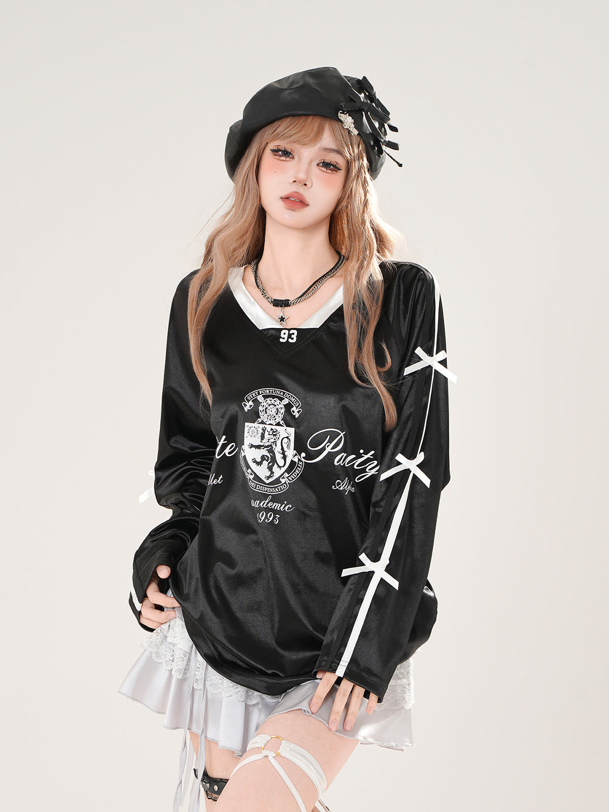 Satin Bow V-Neck Sweatshirt – Vintage Chic Oversized Top