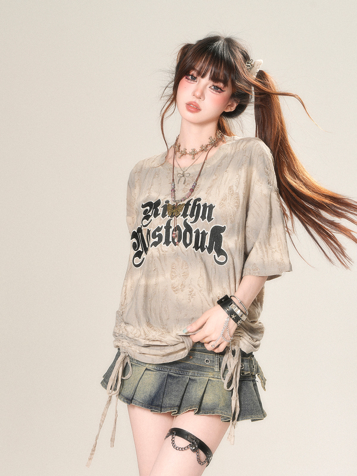 Korean Grunge Drawstring T-Shirt – Loose Fit Vintage Street Top