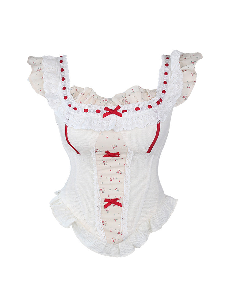Vintage Coquette Plaid Set — Red Ruffle Cardigan, Lace Corset Camisole & Pleated Mini Skirt | Romantic Academia Aesthetic