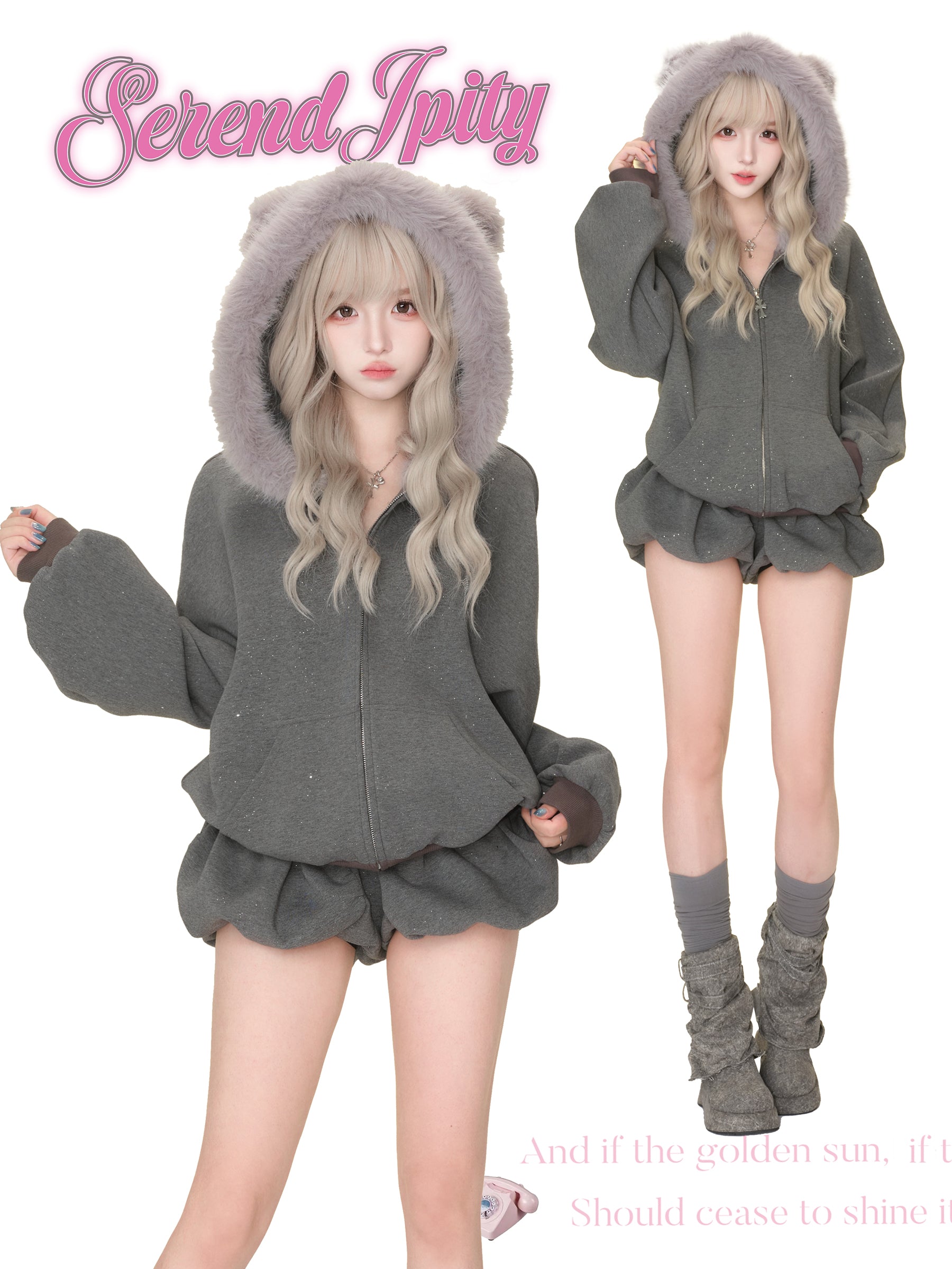 【Daily Series】Galaxy Angel Glitter Set – Gray Sparkle Hoodie + Shorts
