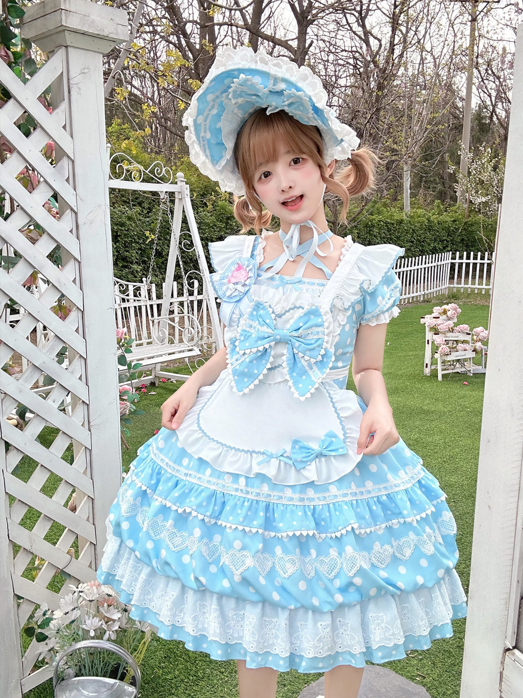 Sweet Lolita Patisserie OP Set— Heart Lace, Polka Dots, Tiered Cupcake Skirt, Coquette/Dollcore Vibes