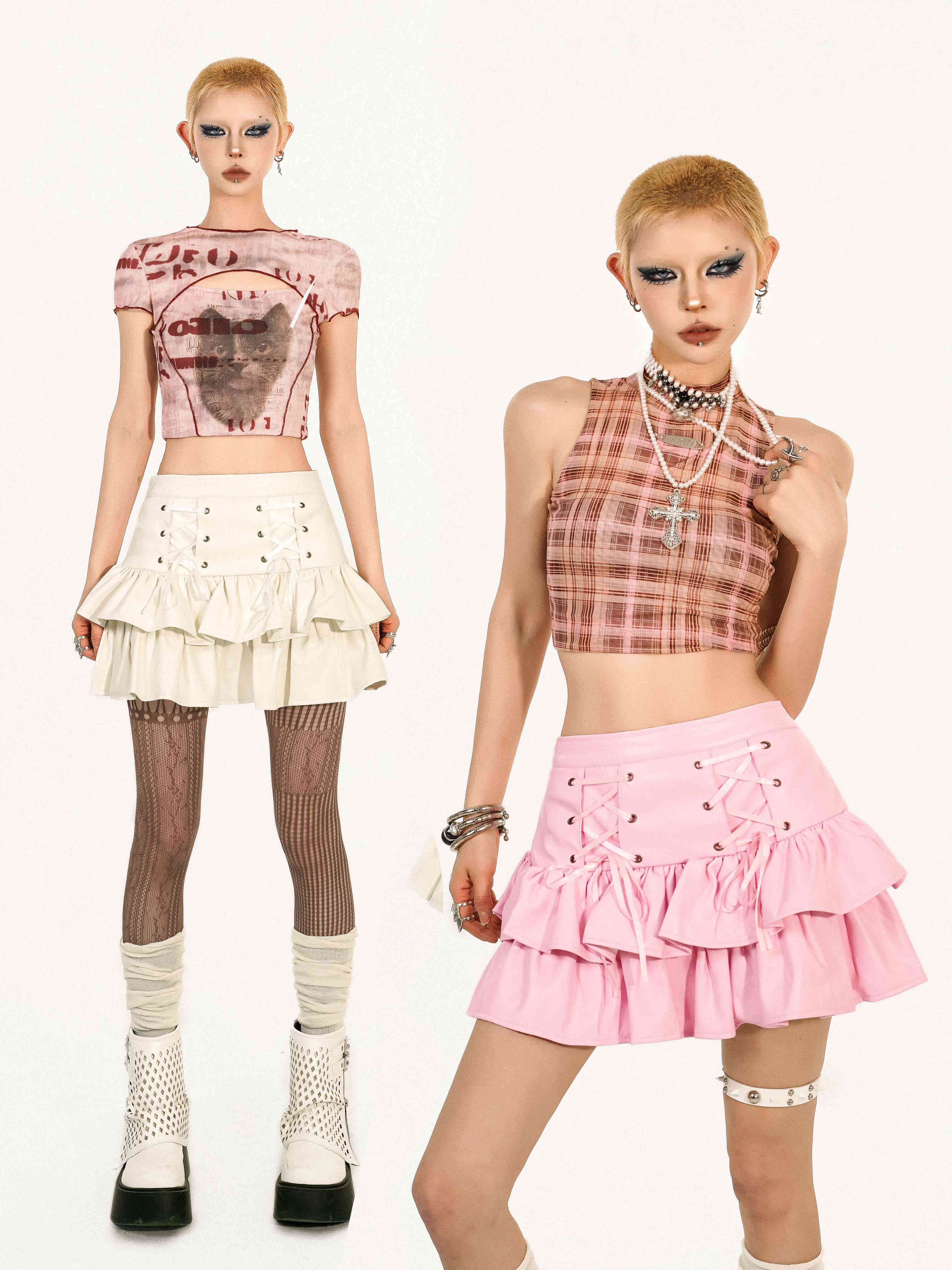 Y2K Grunge Coquette Mini Skirt — Lace-Up Layered Ruffle Skirt | Punk Aesthetic Femcore Fashion