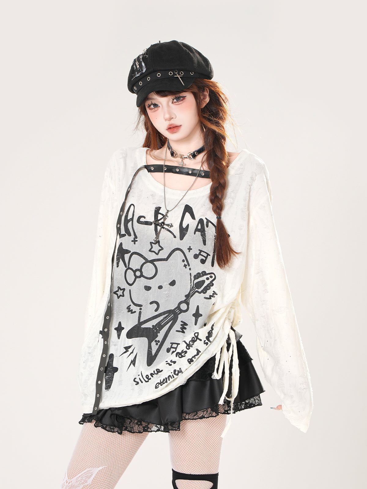 Black Cat Mesh Sun Protection Top – Loose Fit Drawstring Pullover