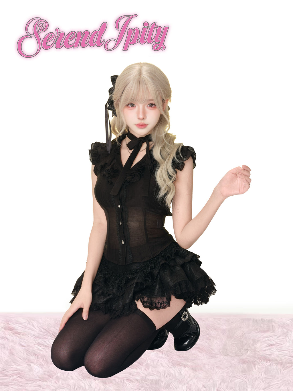 Kawaii Black Lace Ruffle Mini Dress – Sweet Gothic Lolita with Cape & Bow Accents