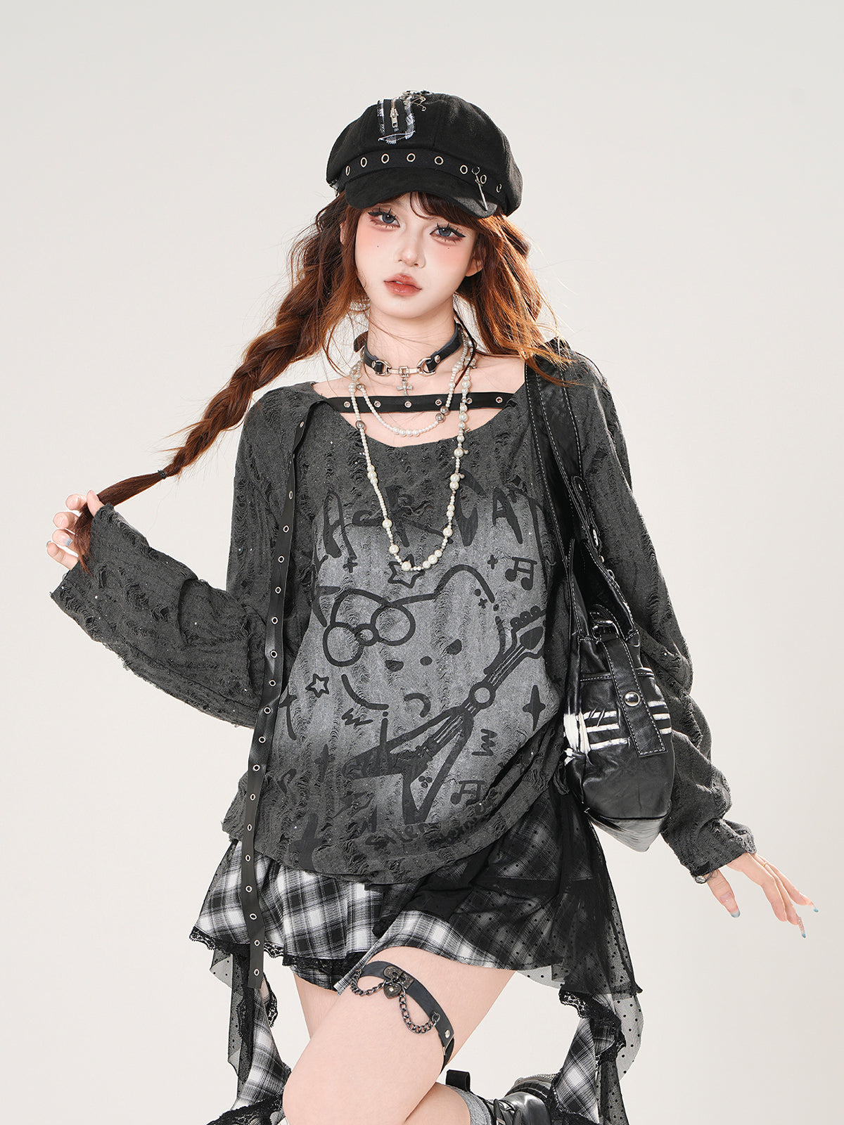 Black Cat Mesh Sun Protection Top – Loose Fit Drawstring Pullover